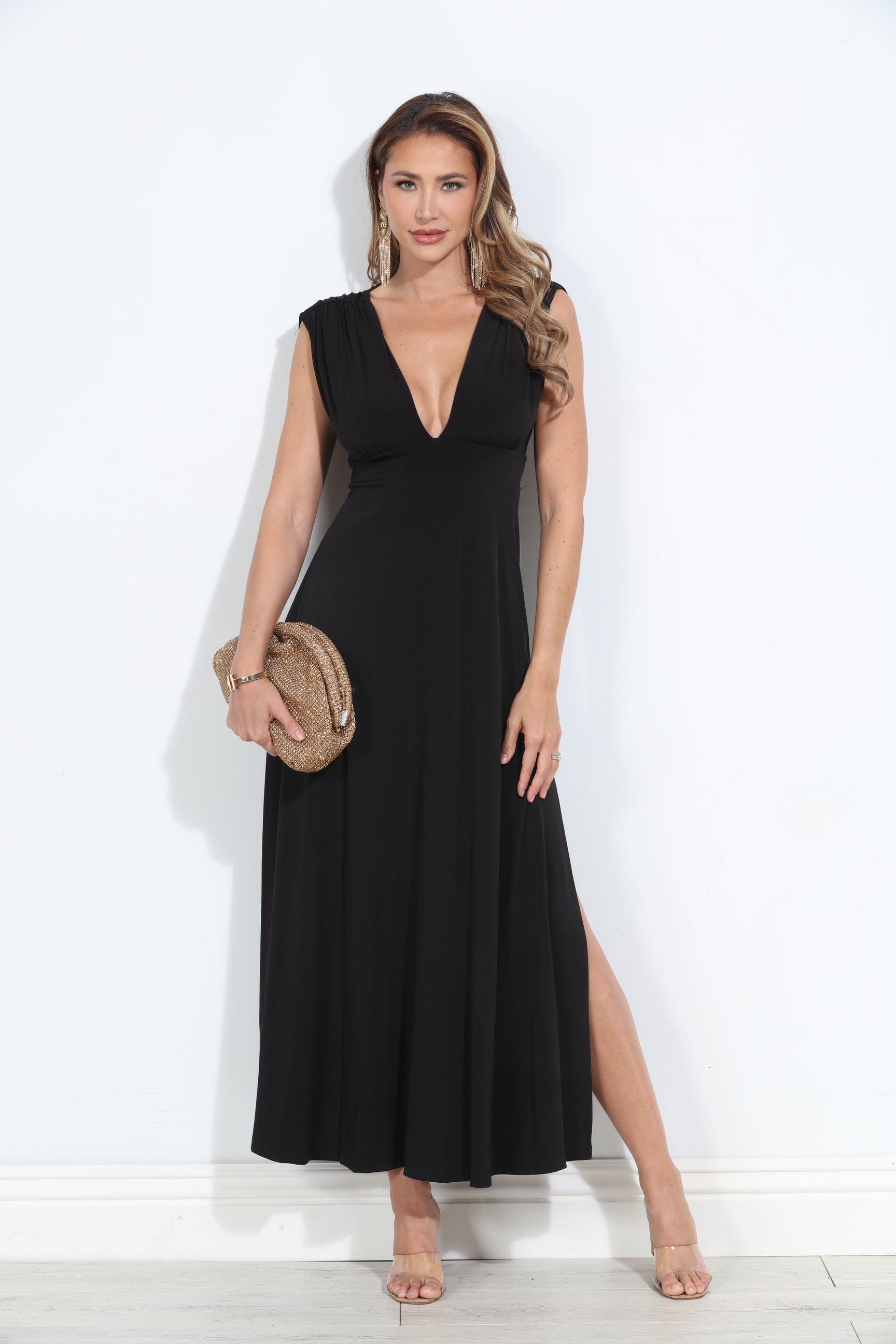 Black Stretch Deep V Maxi Dress-BEST SELLER