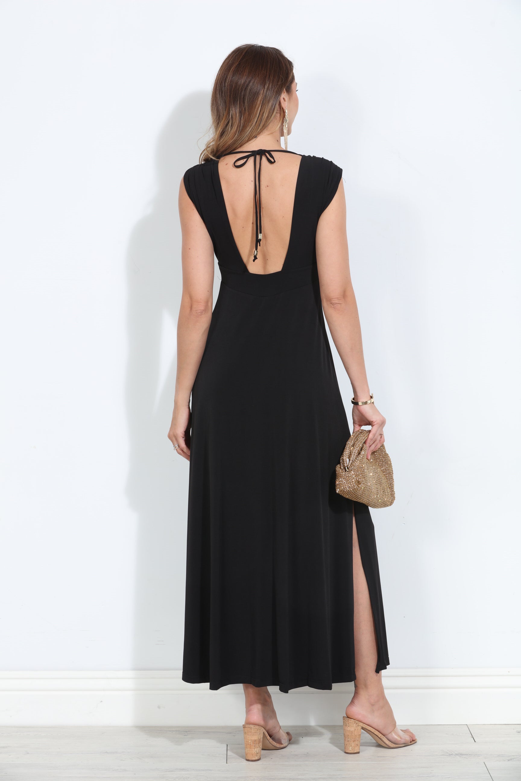 Black Stretch Deep V Maxi Dress-BEST SELLER