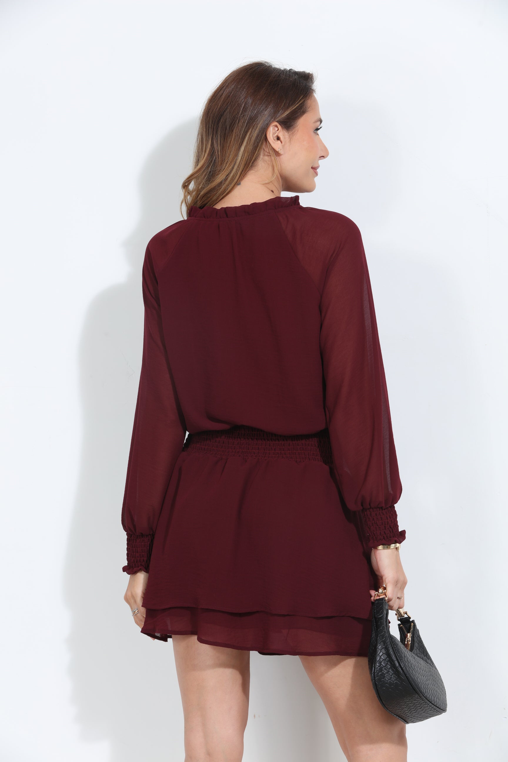 Burgundy Chiffon Smocked Dress