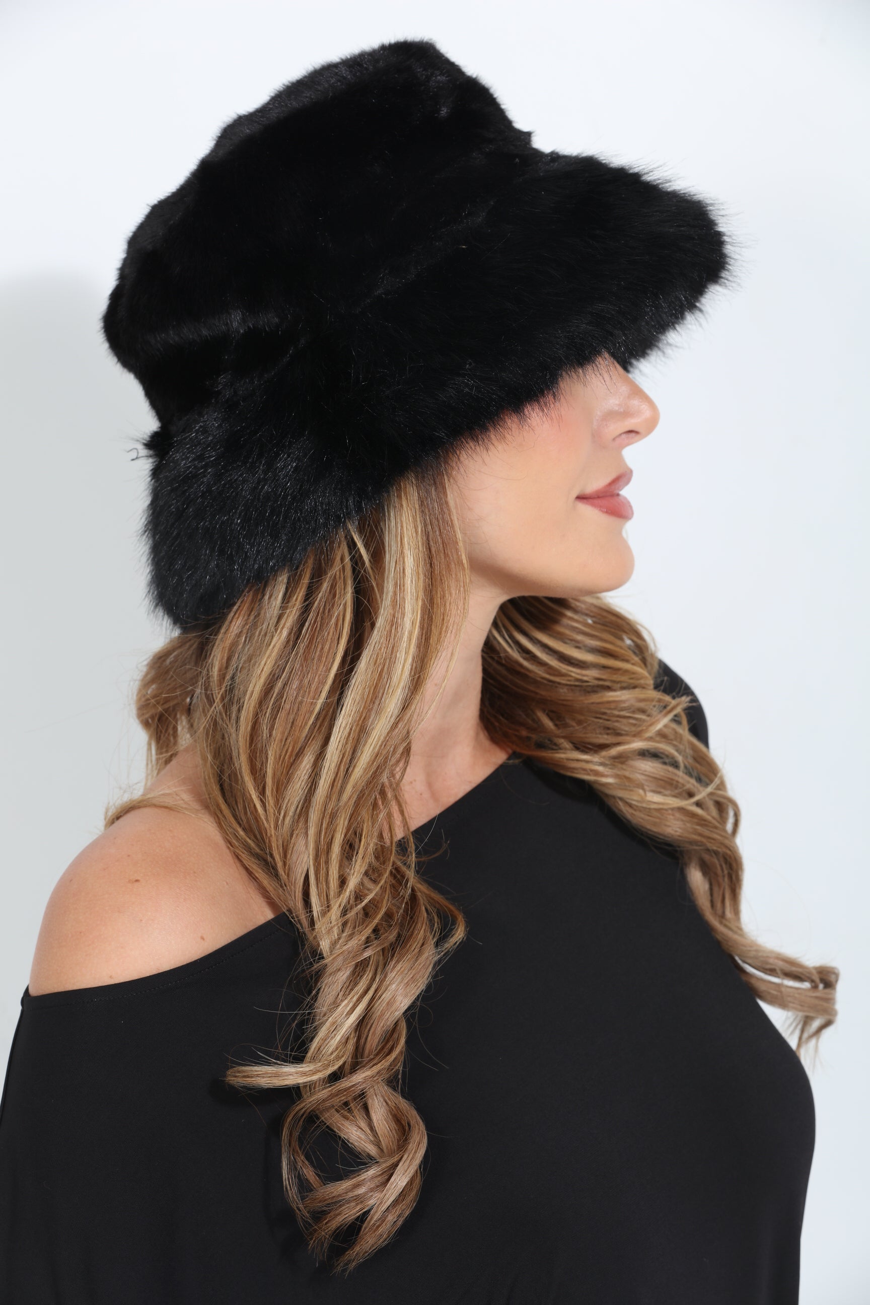 Black Faux Fur Bucket Hat