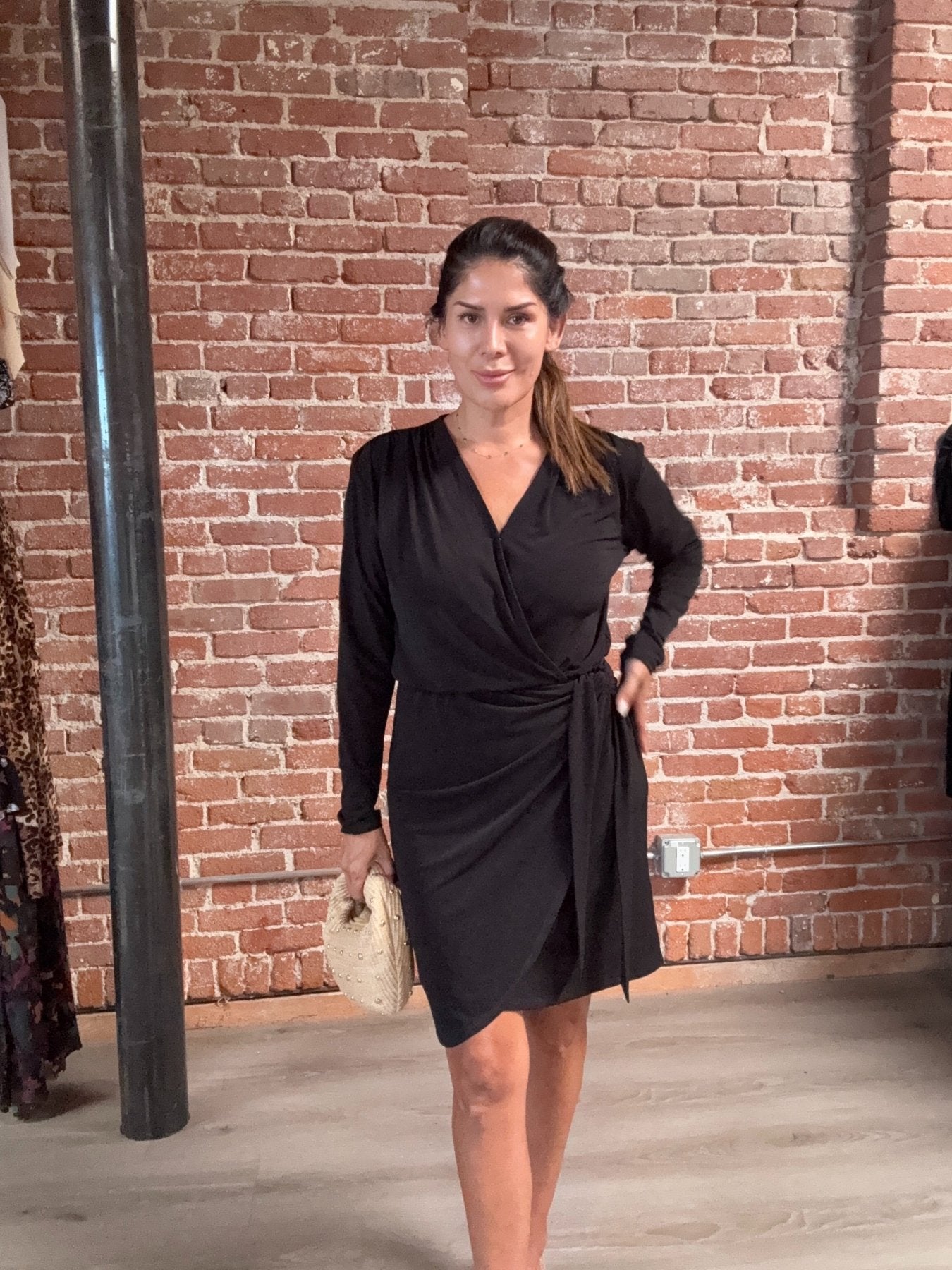 Black Stretch Faux Wrap Dress-BEST SELLER