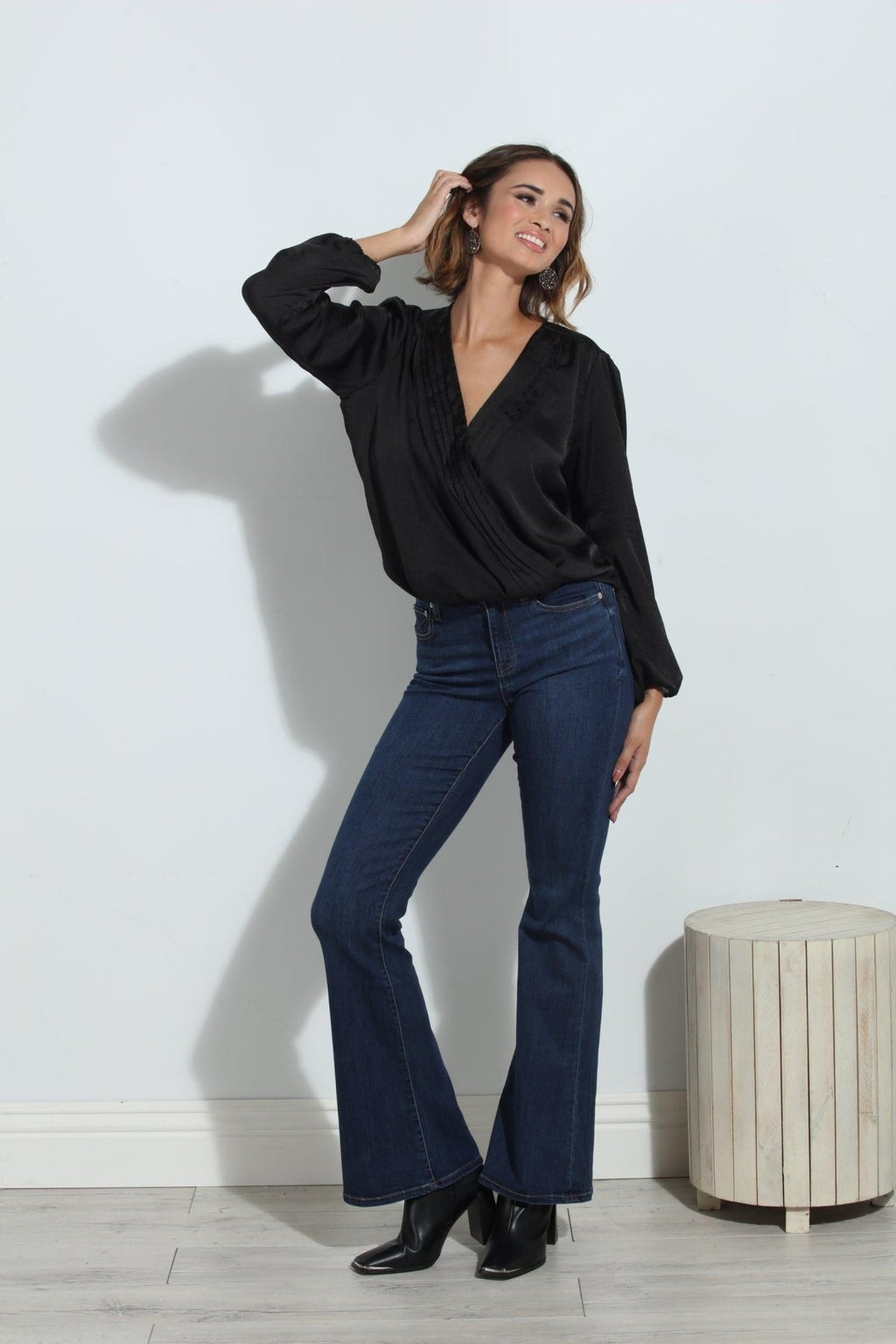Black Satin Surplice Pleated Top