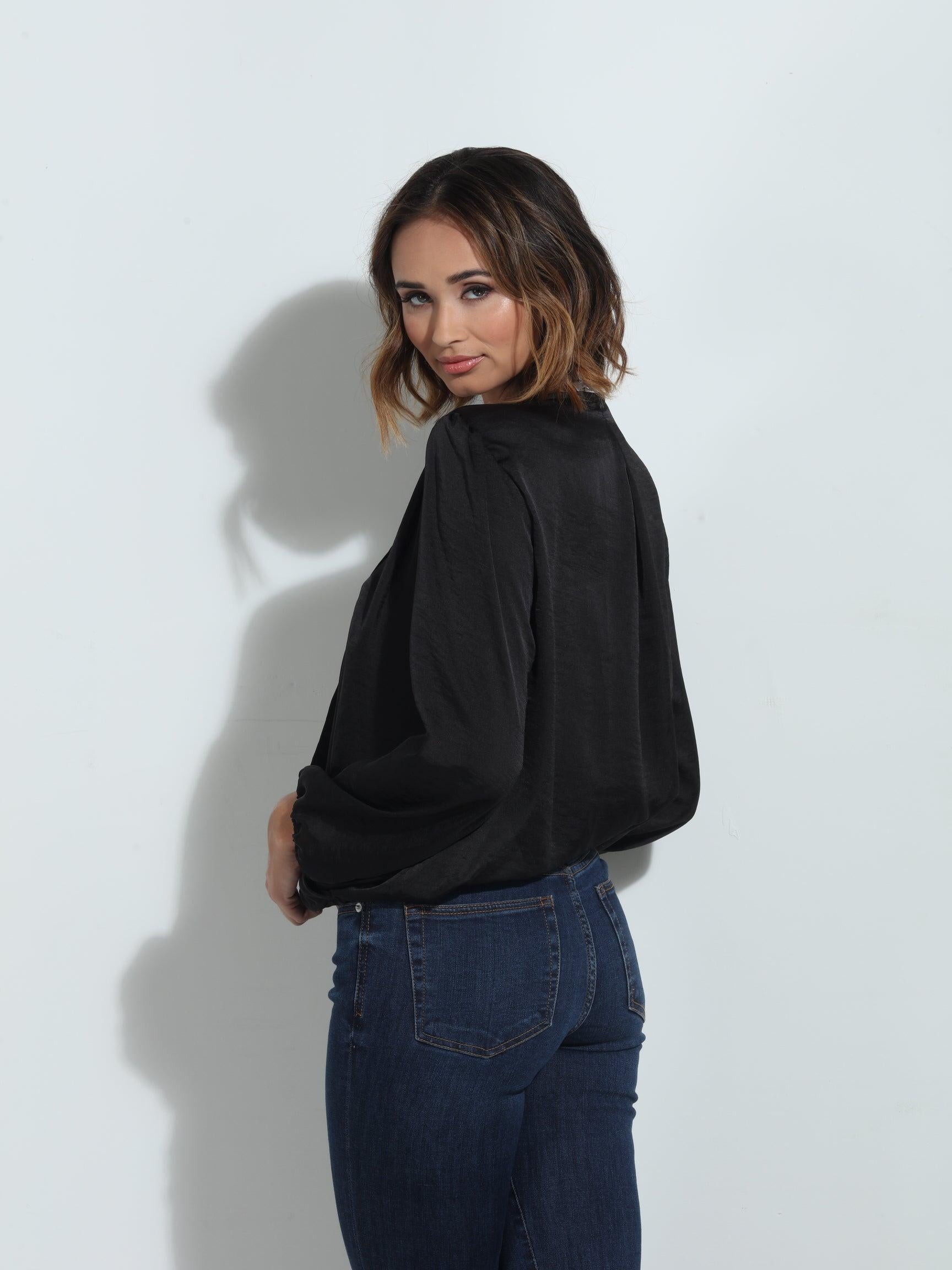 Black Satin Surplice Pleated Top