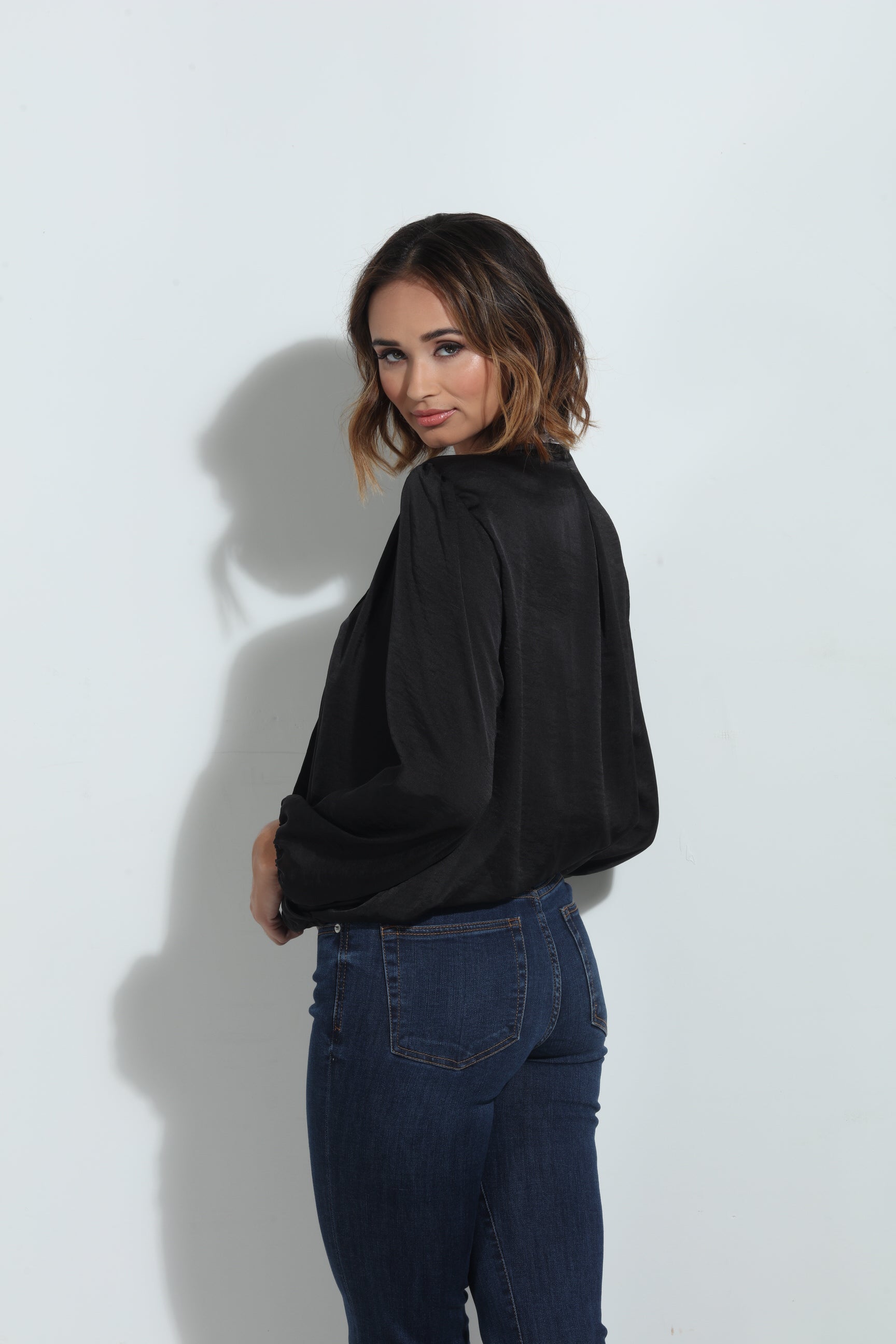 Black Satin Surplice Pleated Top