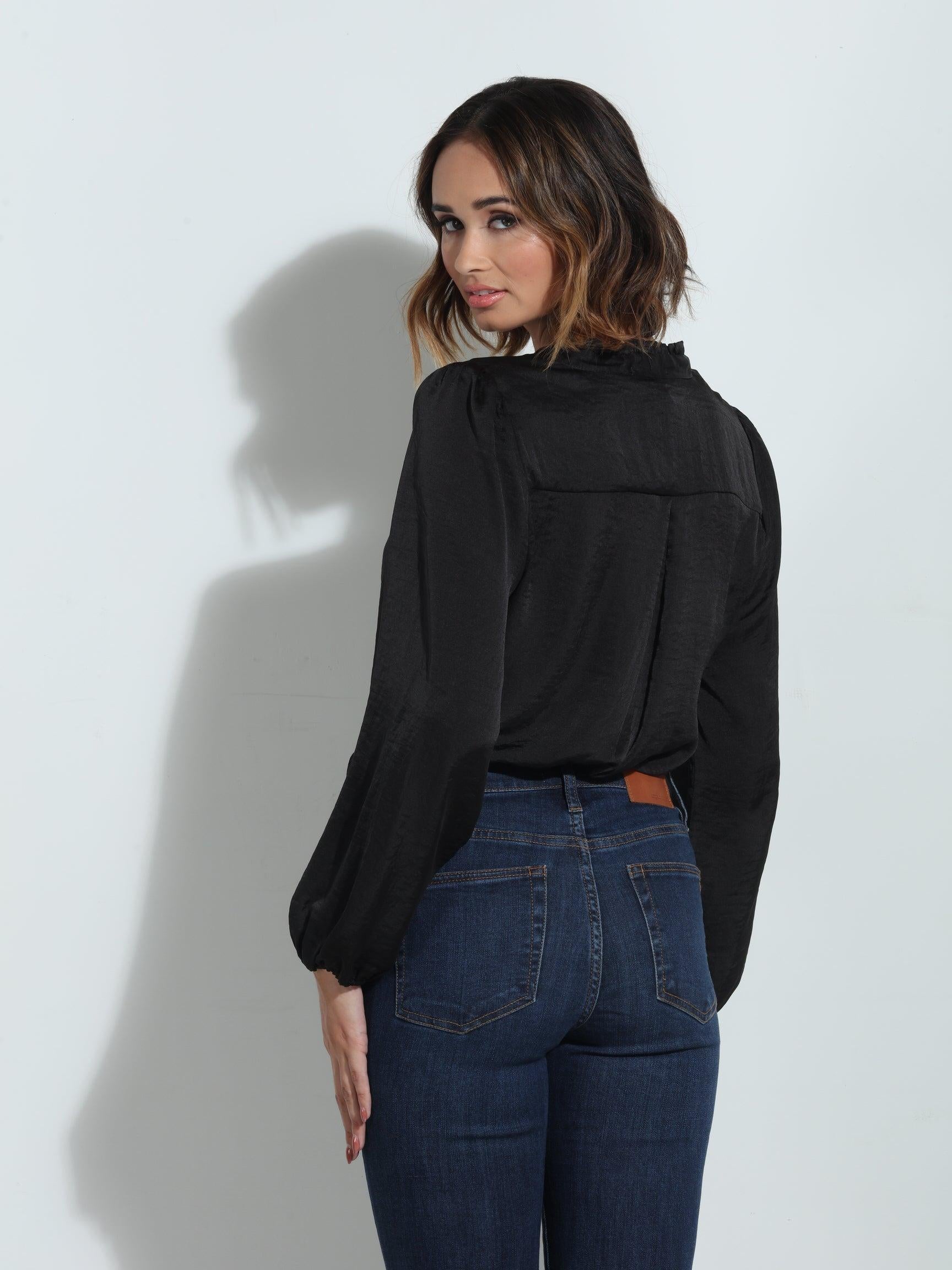 Black Satin Tie Neck Blouse