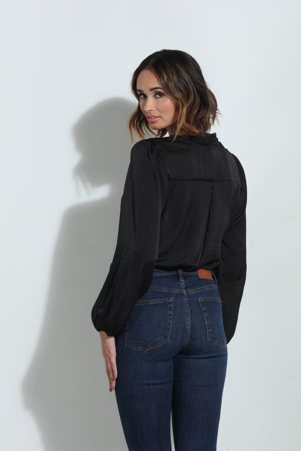 Black Satin Tie Neck Blouse