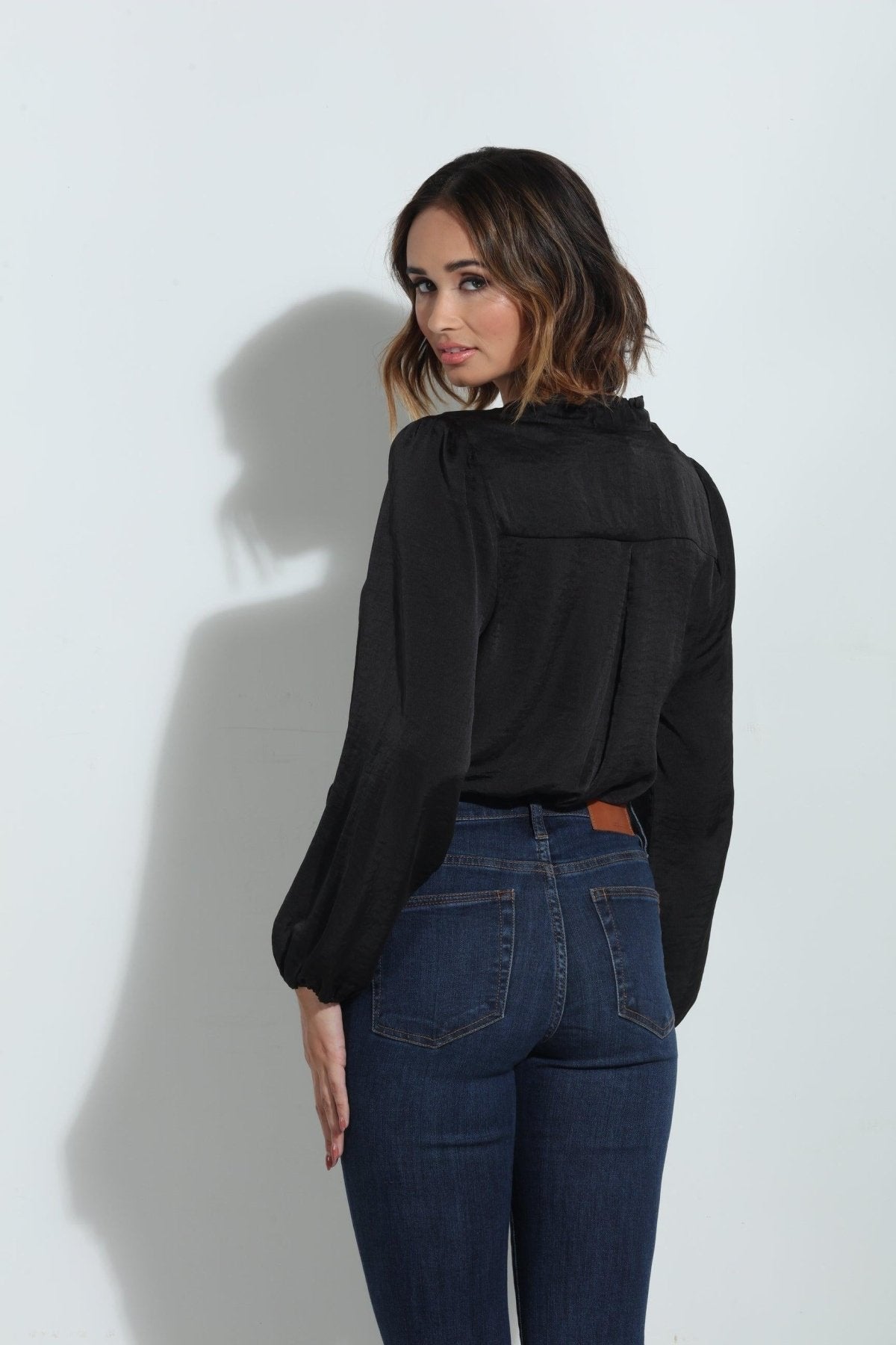 Black Satin Tie Neck Blouse