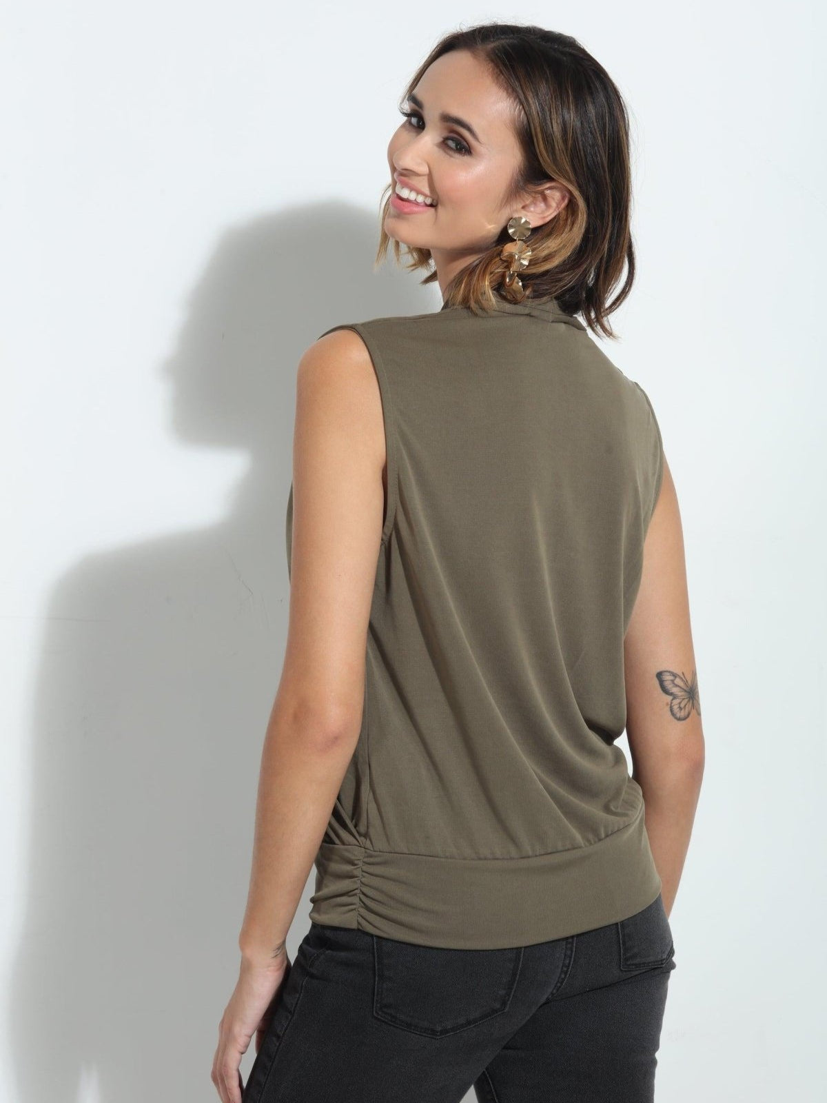 Olive Cupro Banded Surplice Tank-BEST SELLER