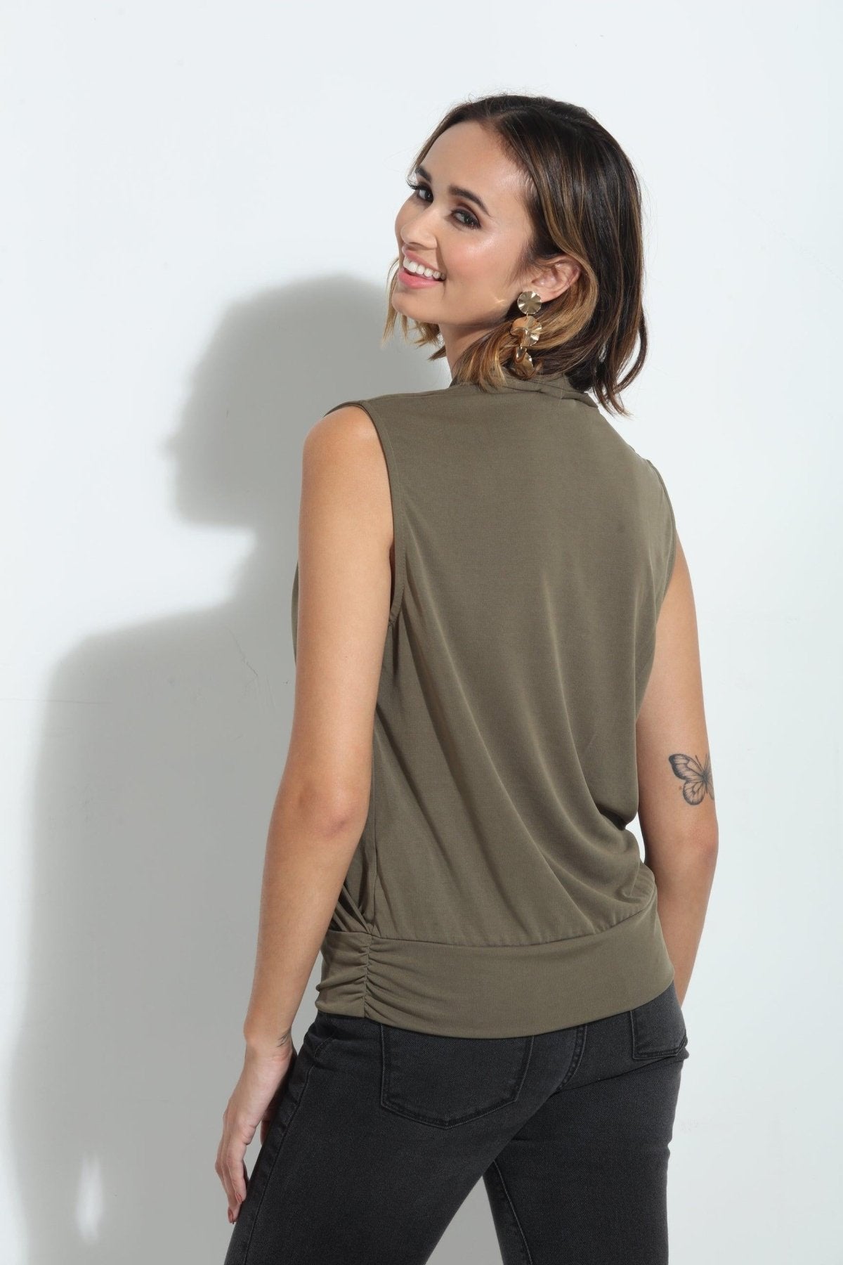 Olive Cupro Banded Surplice Tank-BEST SELLER