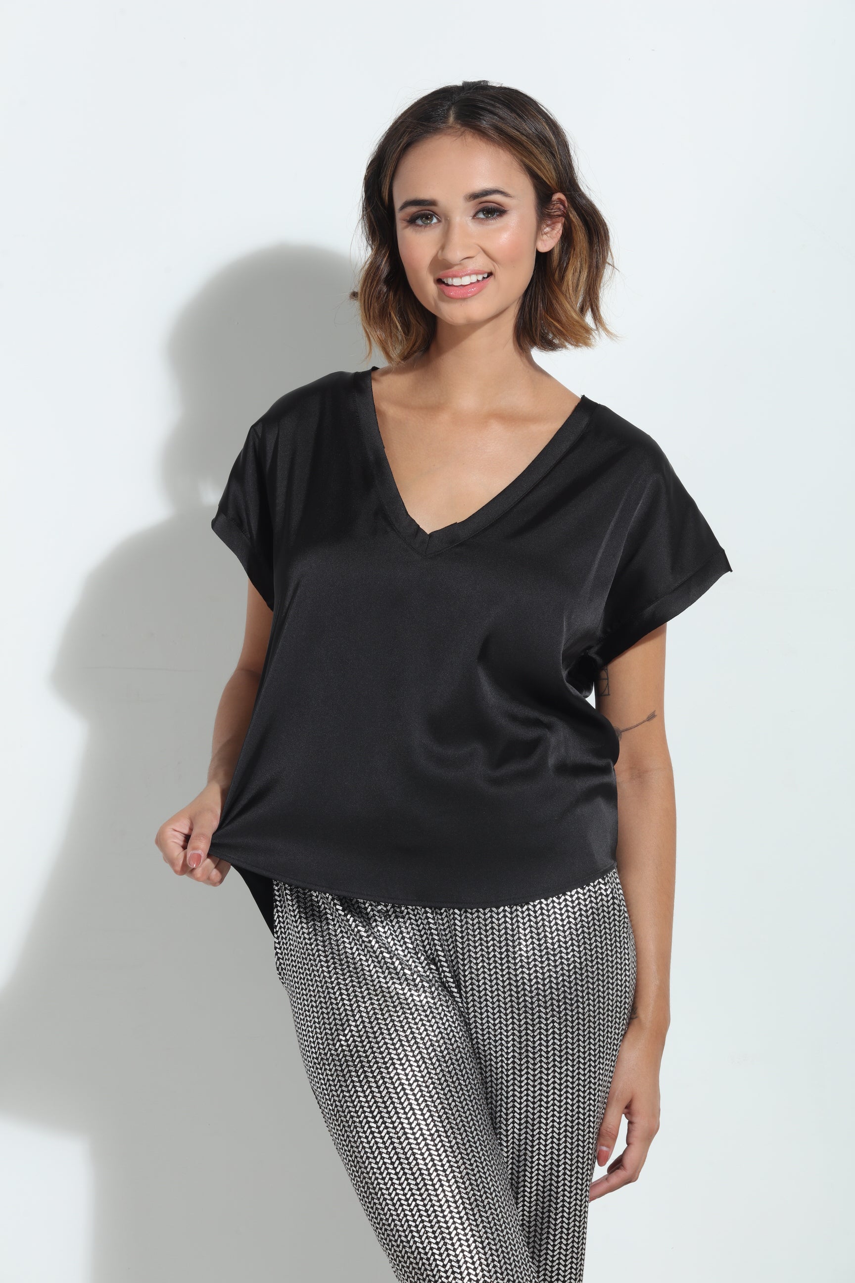 Black V-Neck Satin Tee