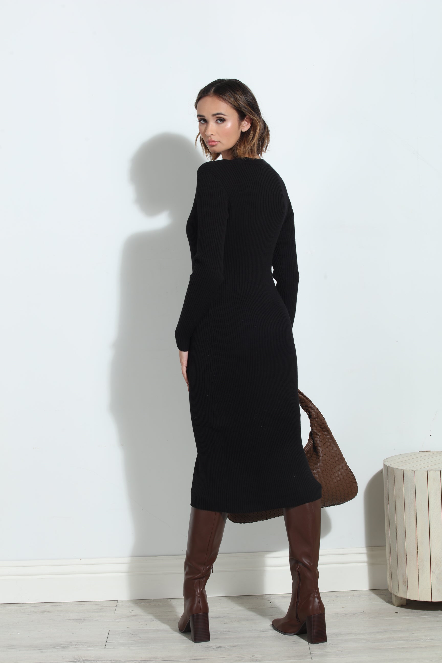 Black Ribbed Stretch Button Down Shirred Dress
