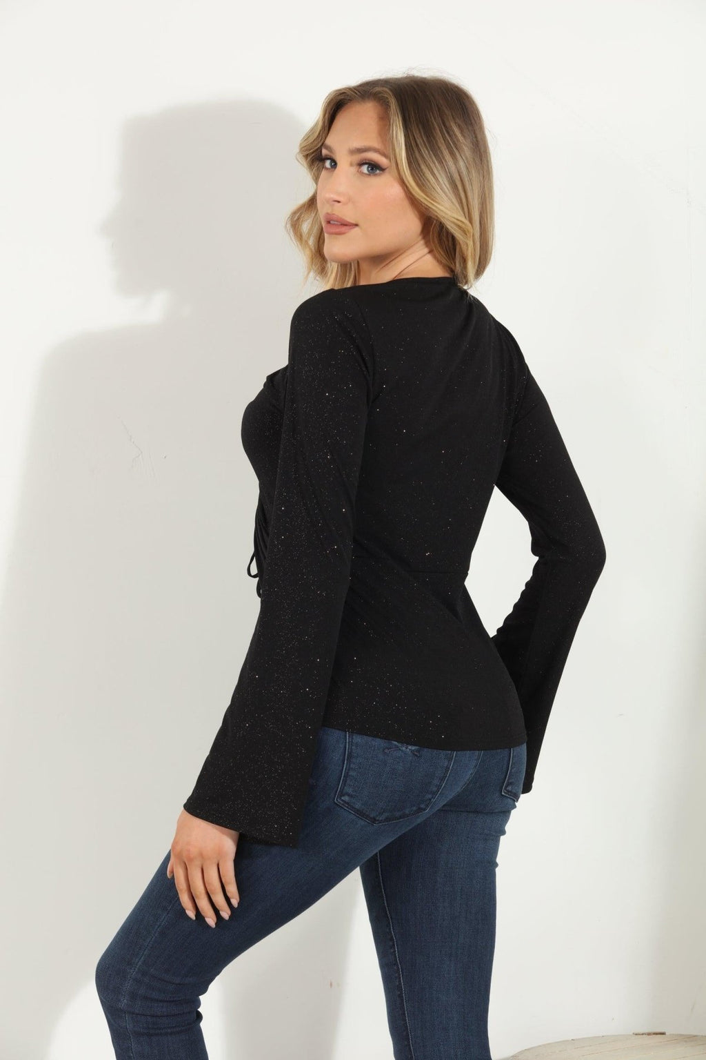 Black Glitter Bell Sleeve Top-SALE