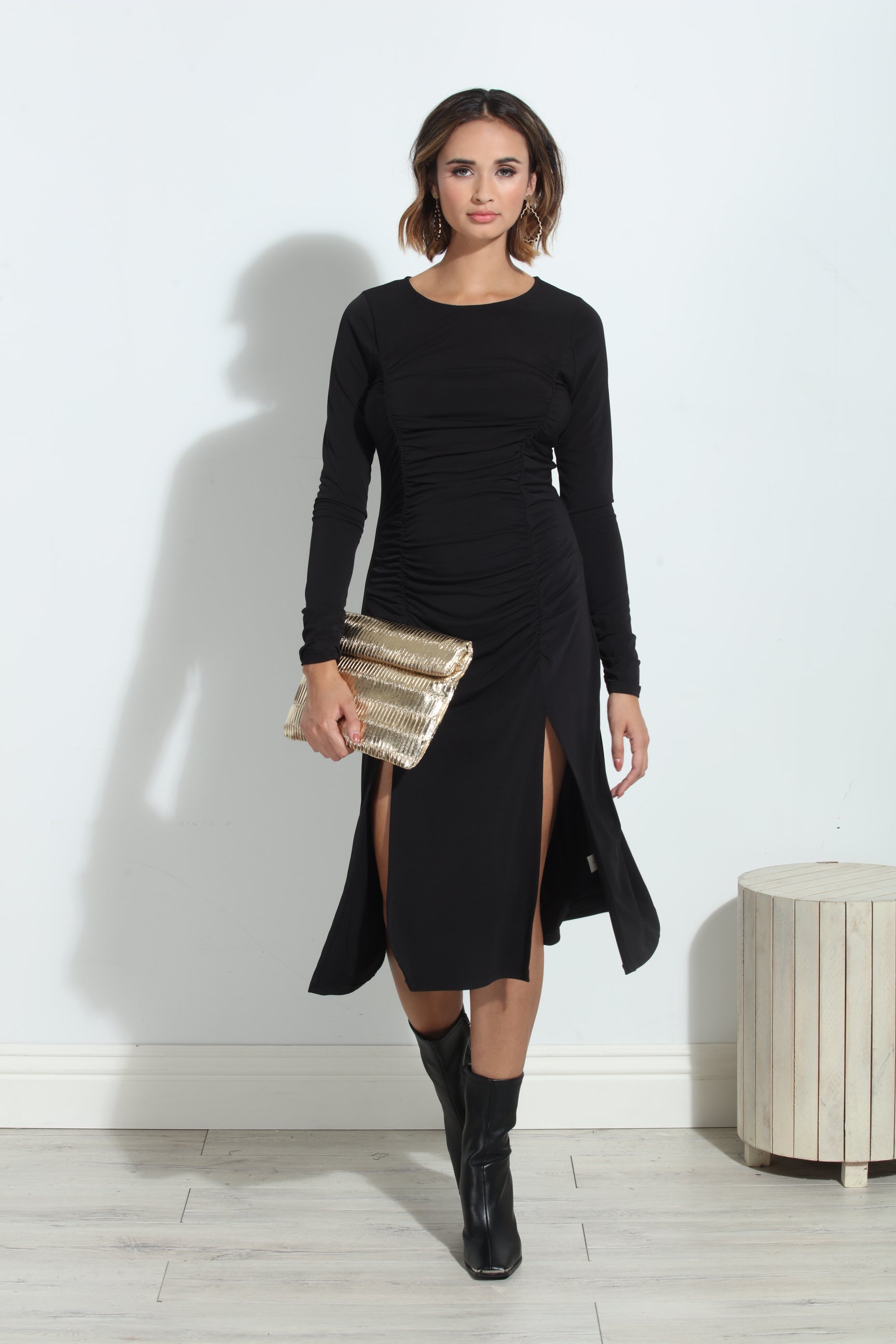 Black ITY Shirred Long Sleeve Dress-BEST SELLER