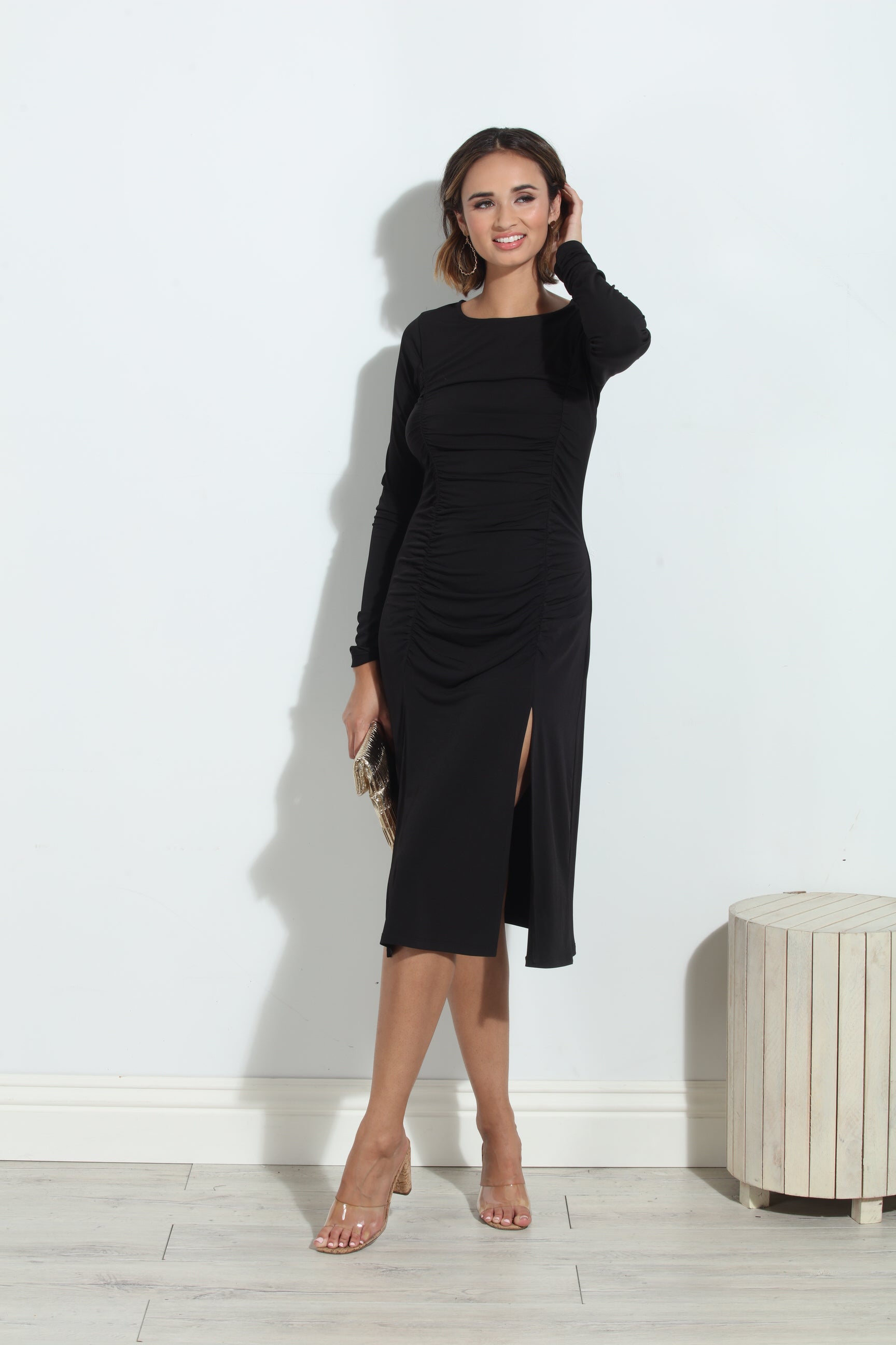 Black ITY Shirred Long Sleeve Dress-BEST SELLER