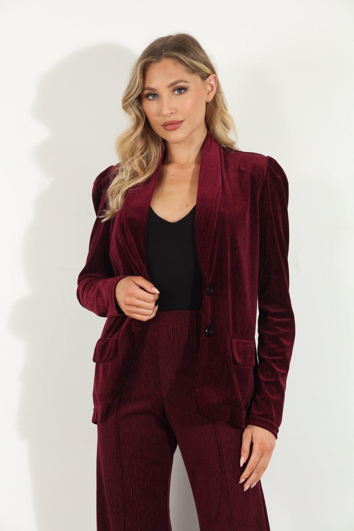 Merlot Velvet Shirred Blazer-FINAL SALE