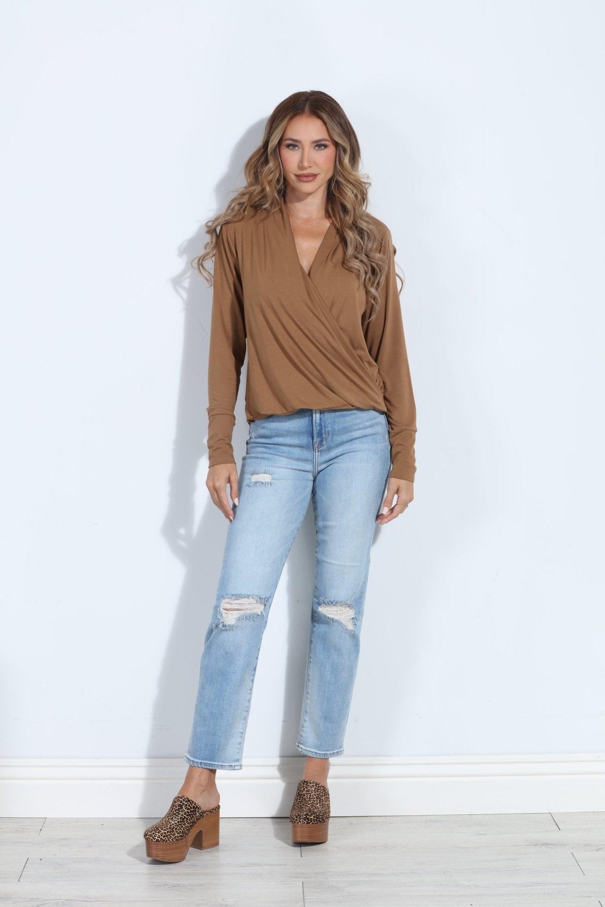 Camel Cupro Draped Surplice Top - BEST SELLER
