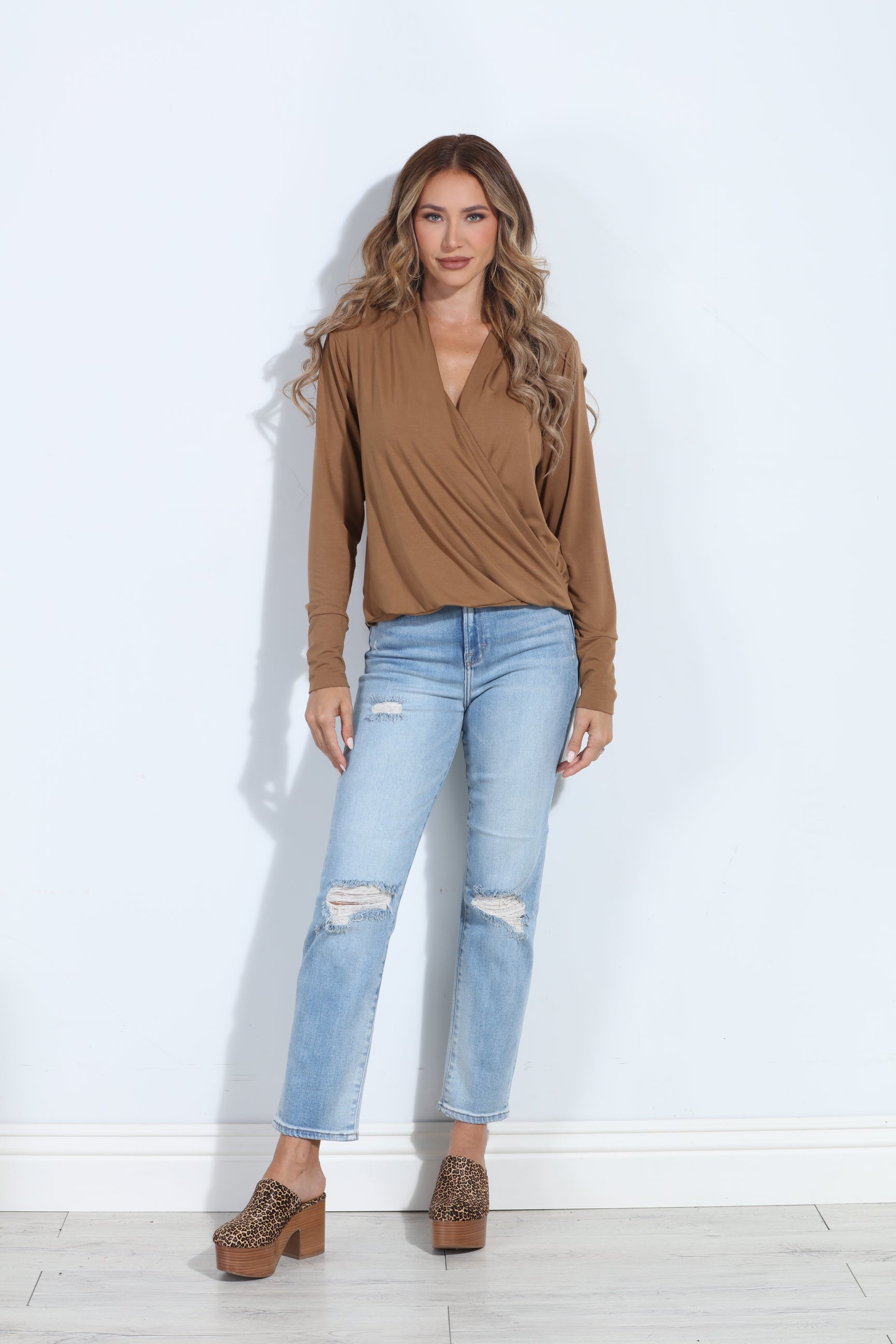 Camel Cupro Draped Surplice Top - BEST SELLER