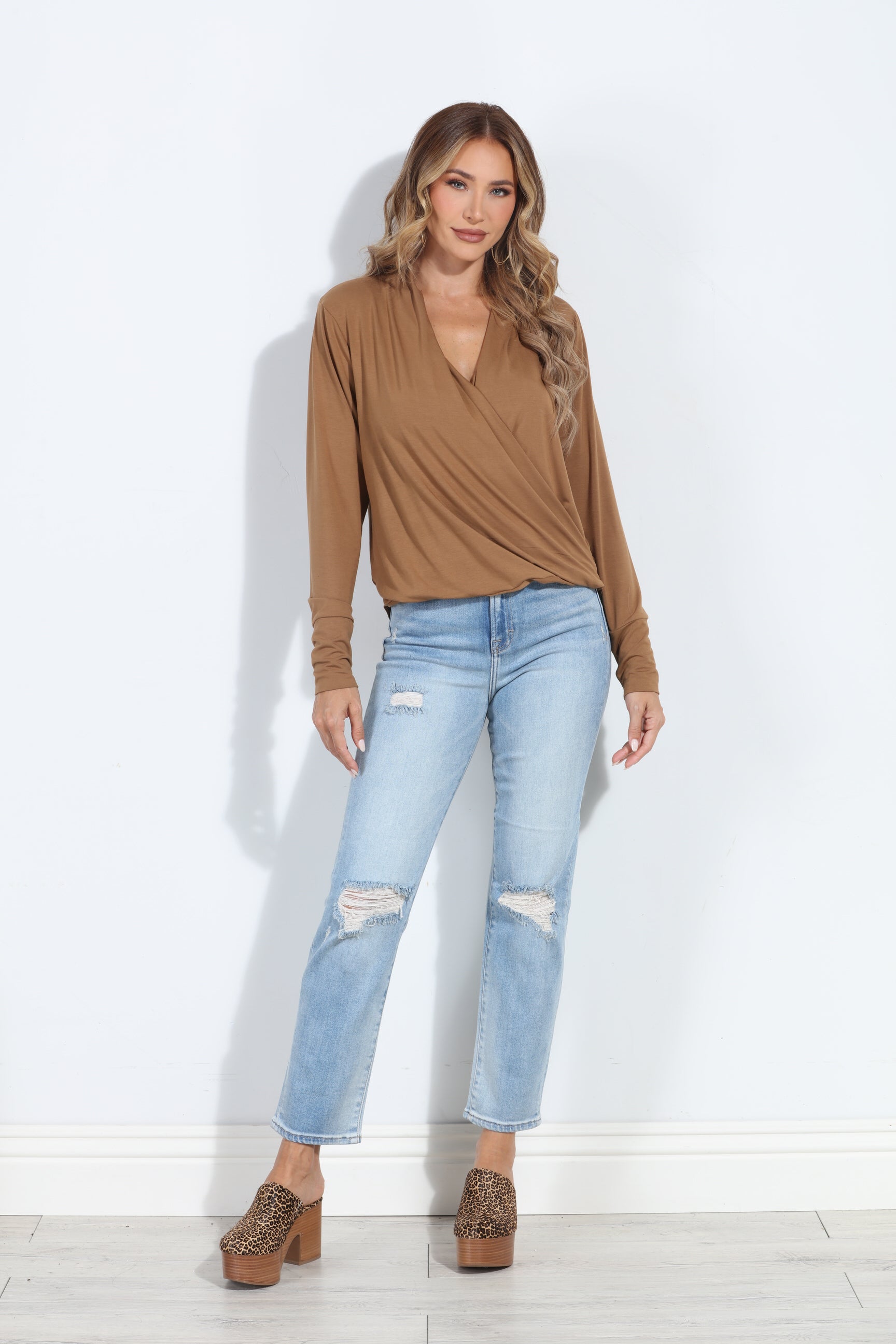 Camel Cupro Draped Surplice Top - BEST SELLER