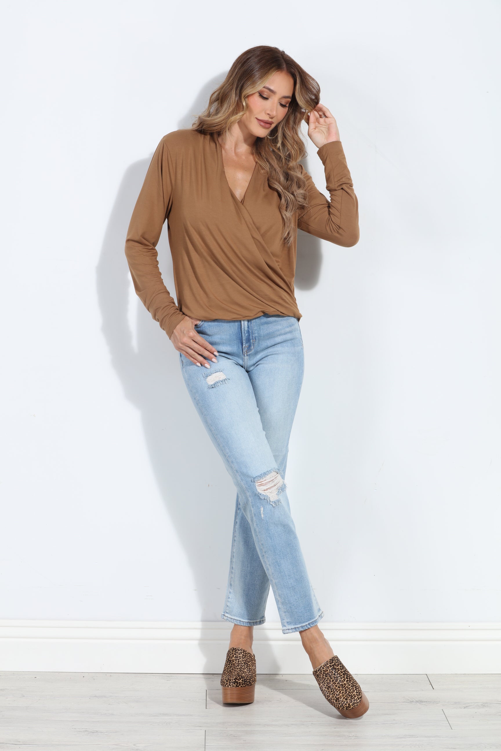 Camel Cupro Draped Surplice Top - BEST SELLER