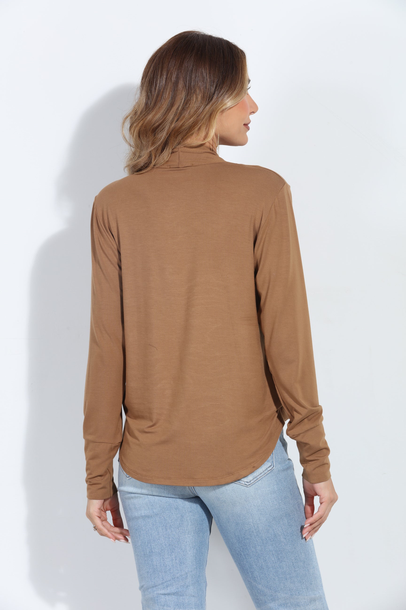 Camel Cupro Draped Surplice Top - BEST SELLER