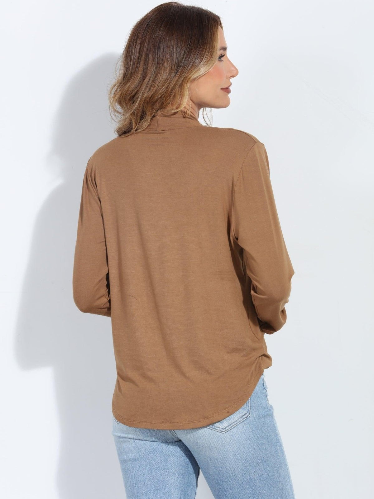 Camel Cupro Draped Surplice Top - BEST SELLER