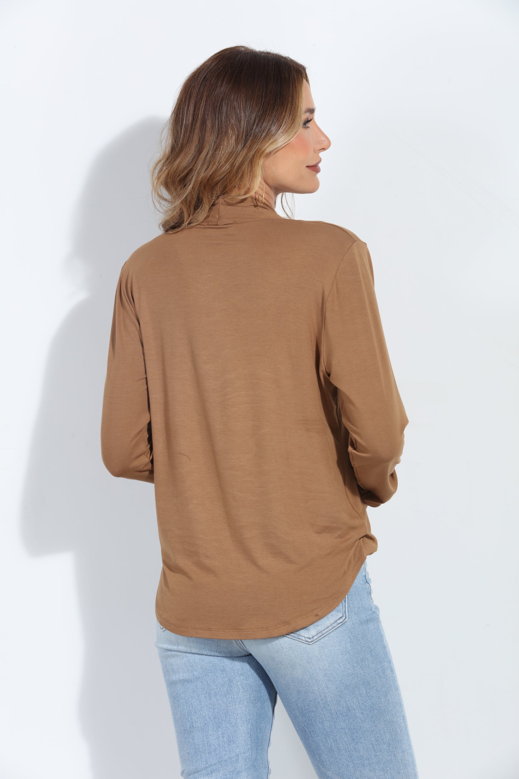 Camel Cupro Draped Surplice Top - BEST SELLER