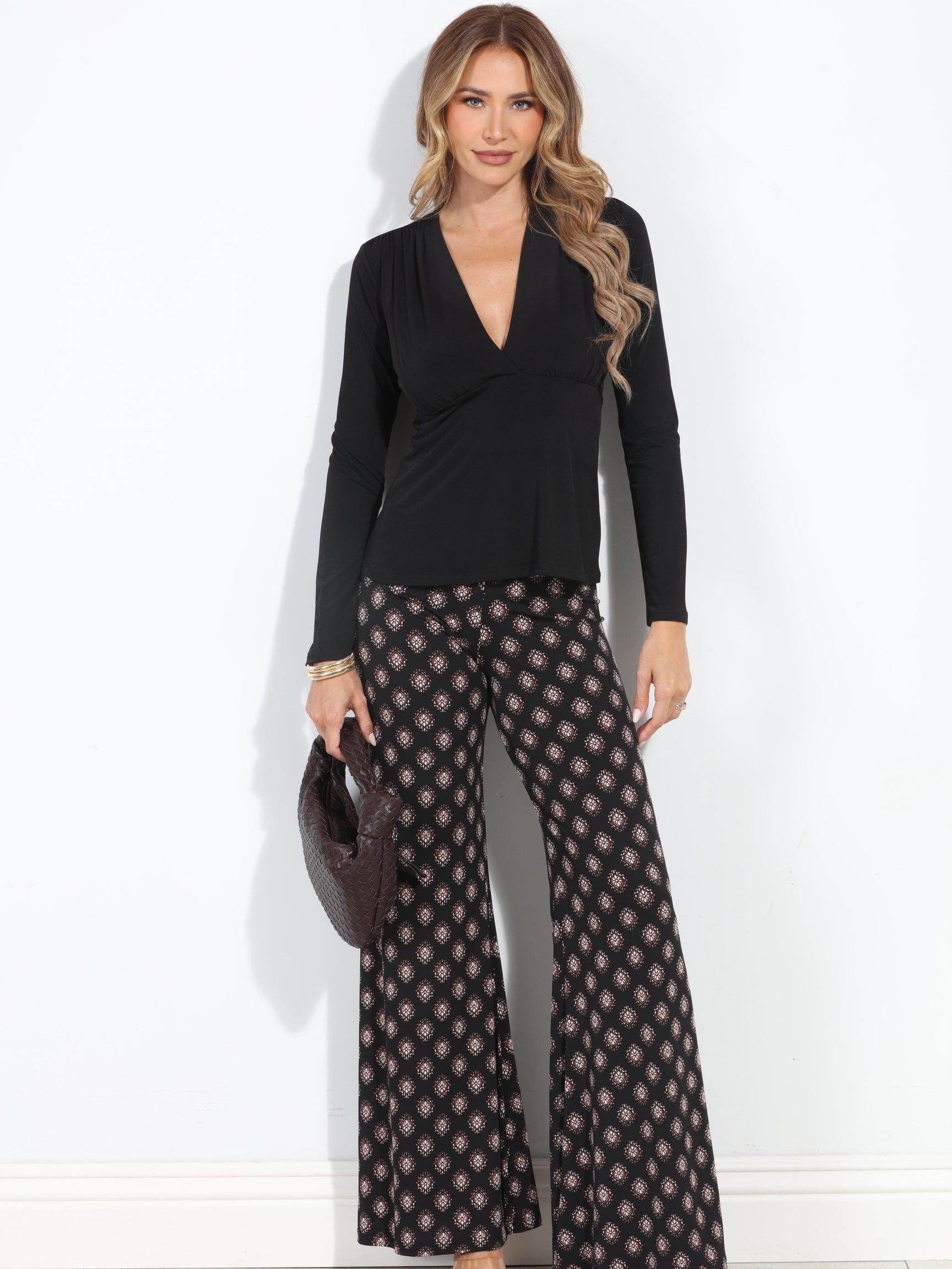 Black Stretch Surplice Long Sleeve Top-BEST SELLER