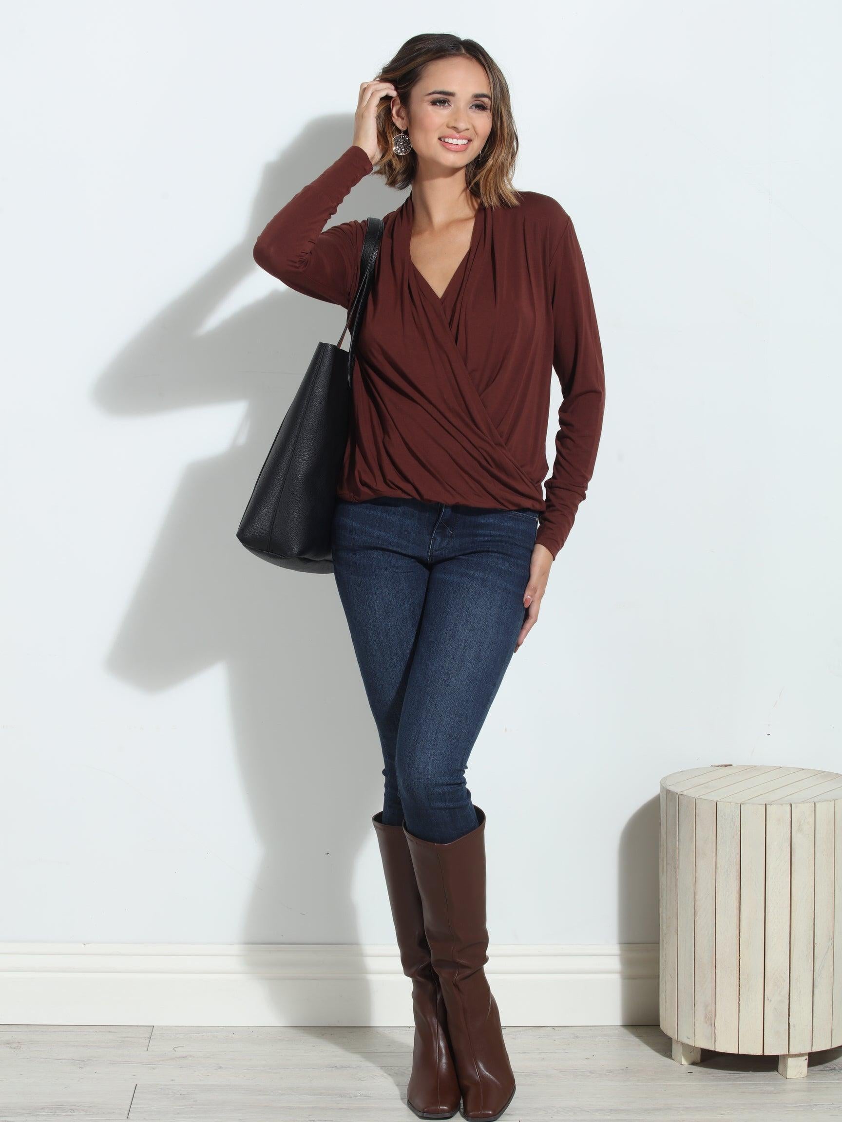 Cocoa Cupro Draped Surplice Top - BEST SELLER