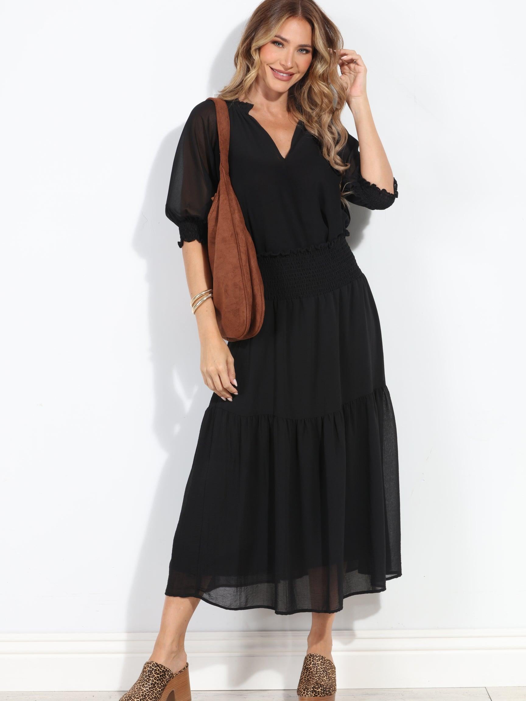 Black Chiffon Ruffle Midi Skirt-BEST SELLER