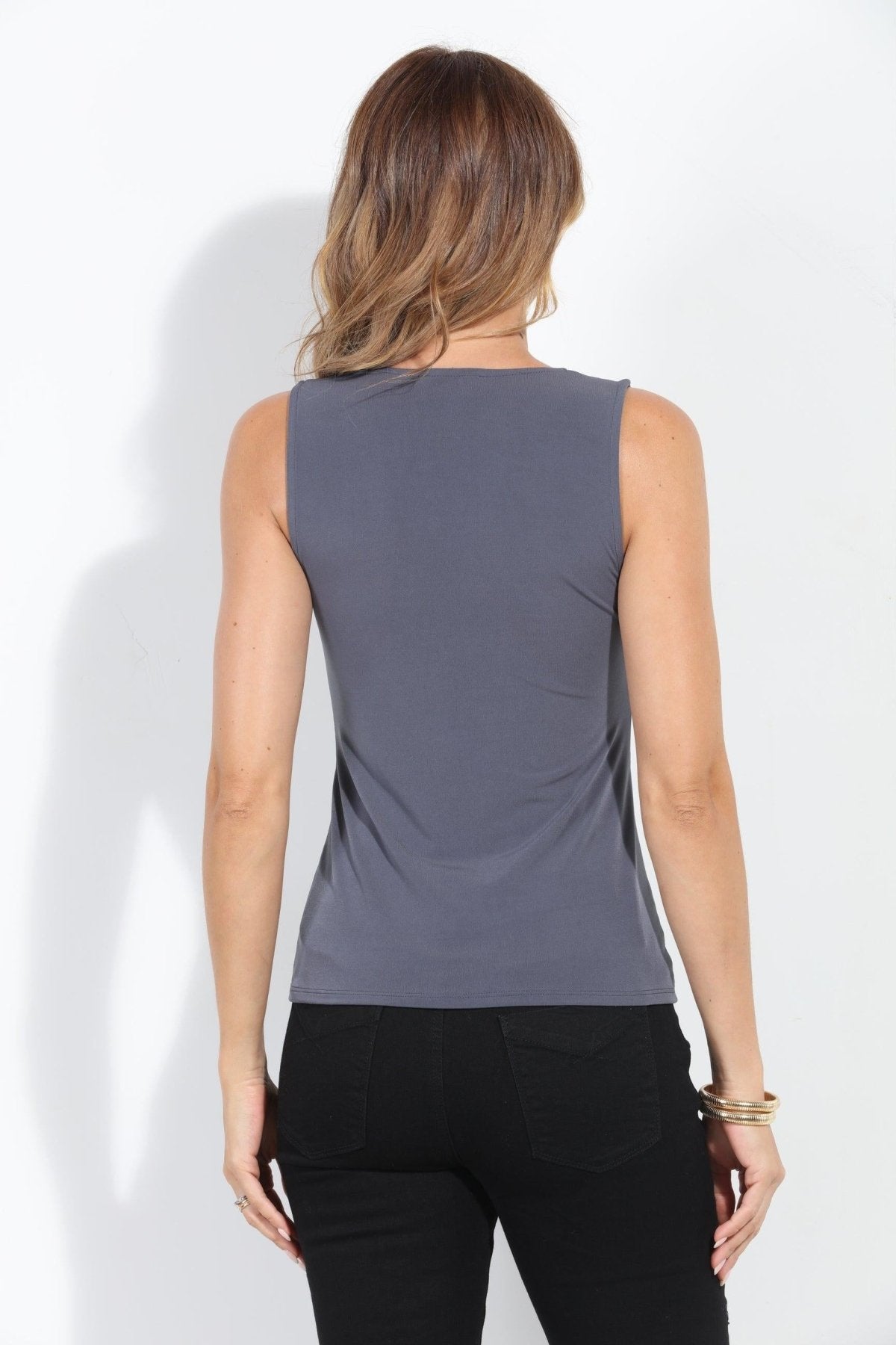 Dark Grey Shirred Sleeveless Tank-BEST SELLER