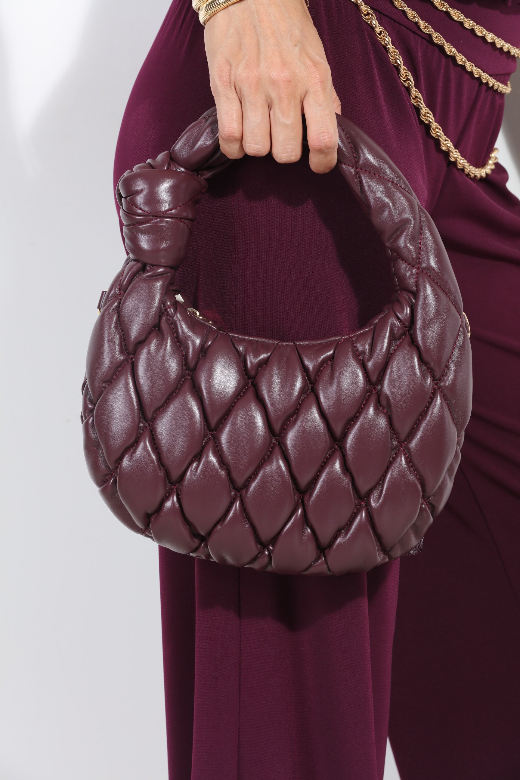 Burgundy Quilted Crescent Shoulder Bag