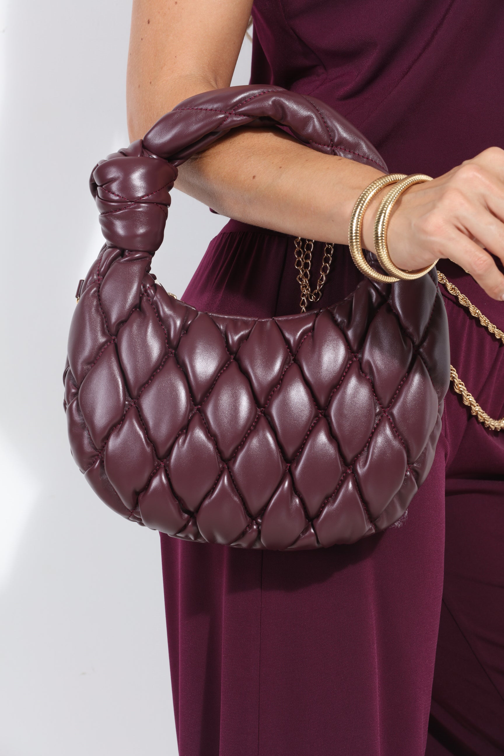 Burgundy Quilted Crescent Shoulder Bag