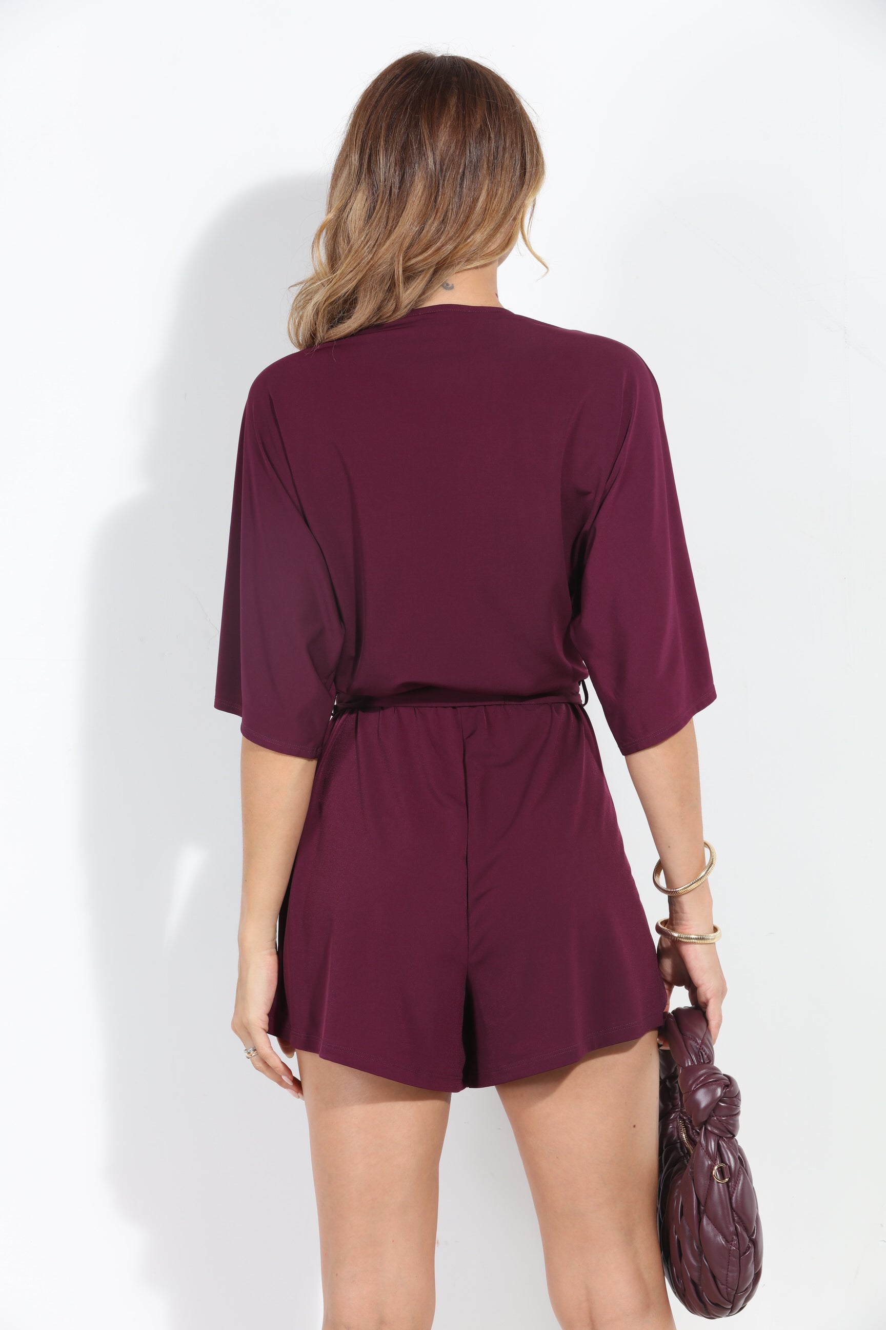 Eggplant Kimono Sleeve Stretch Romper - BEST SELLER