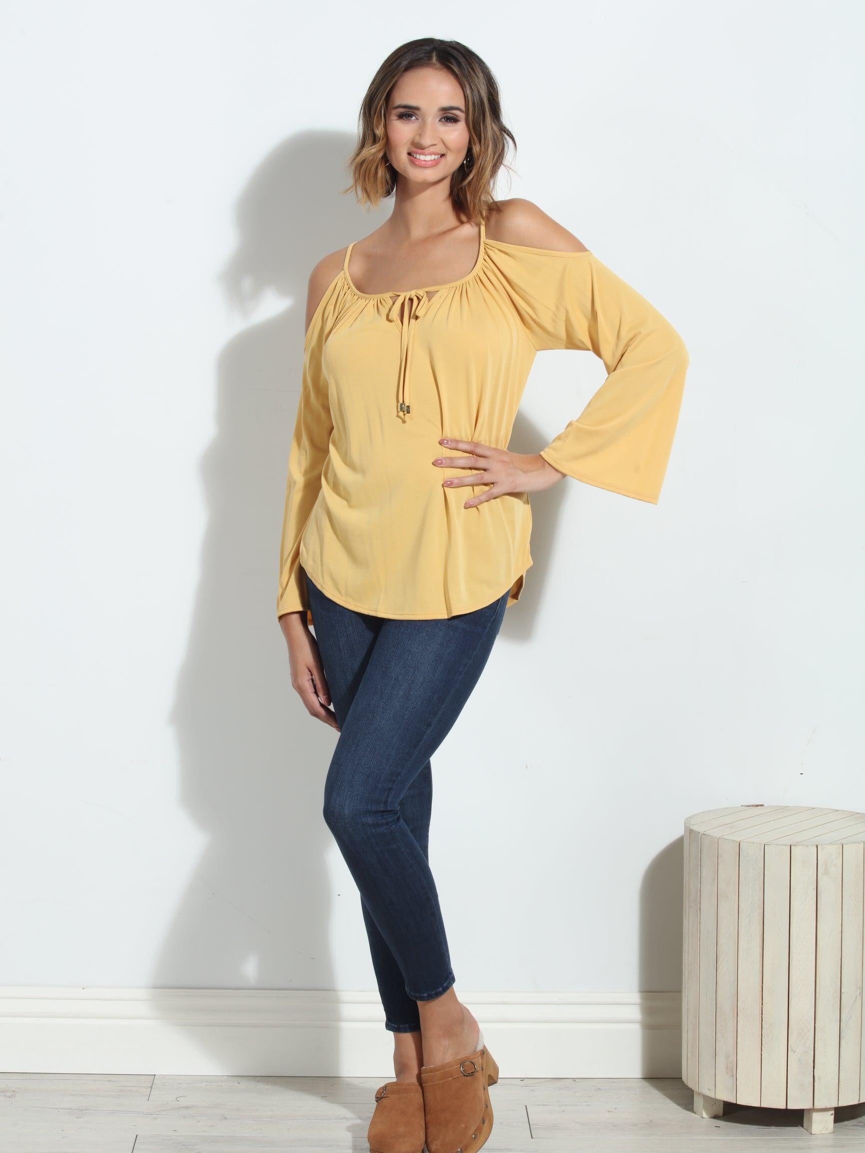 Mustard Cupro Cold Shoulder Top-FINAL SALE