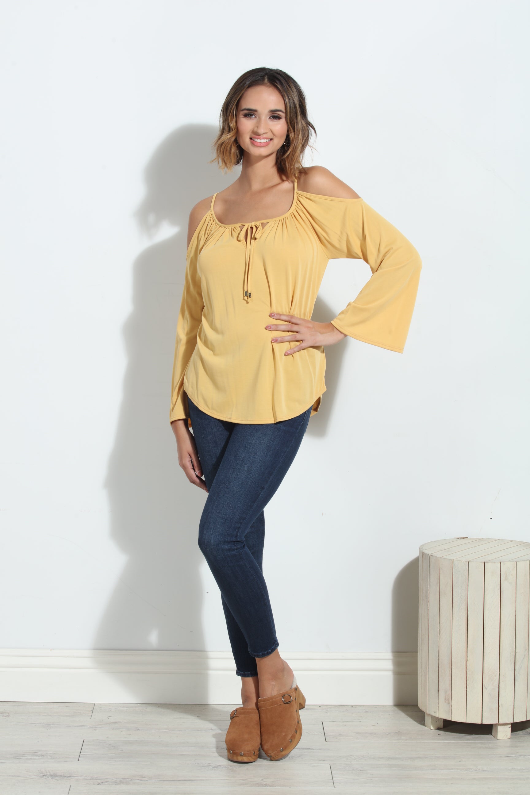 Mustard Cupro Cold Shoulder Top