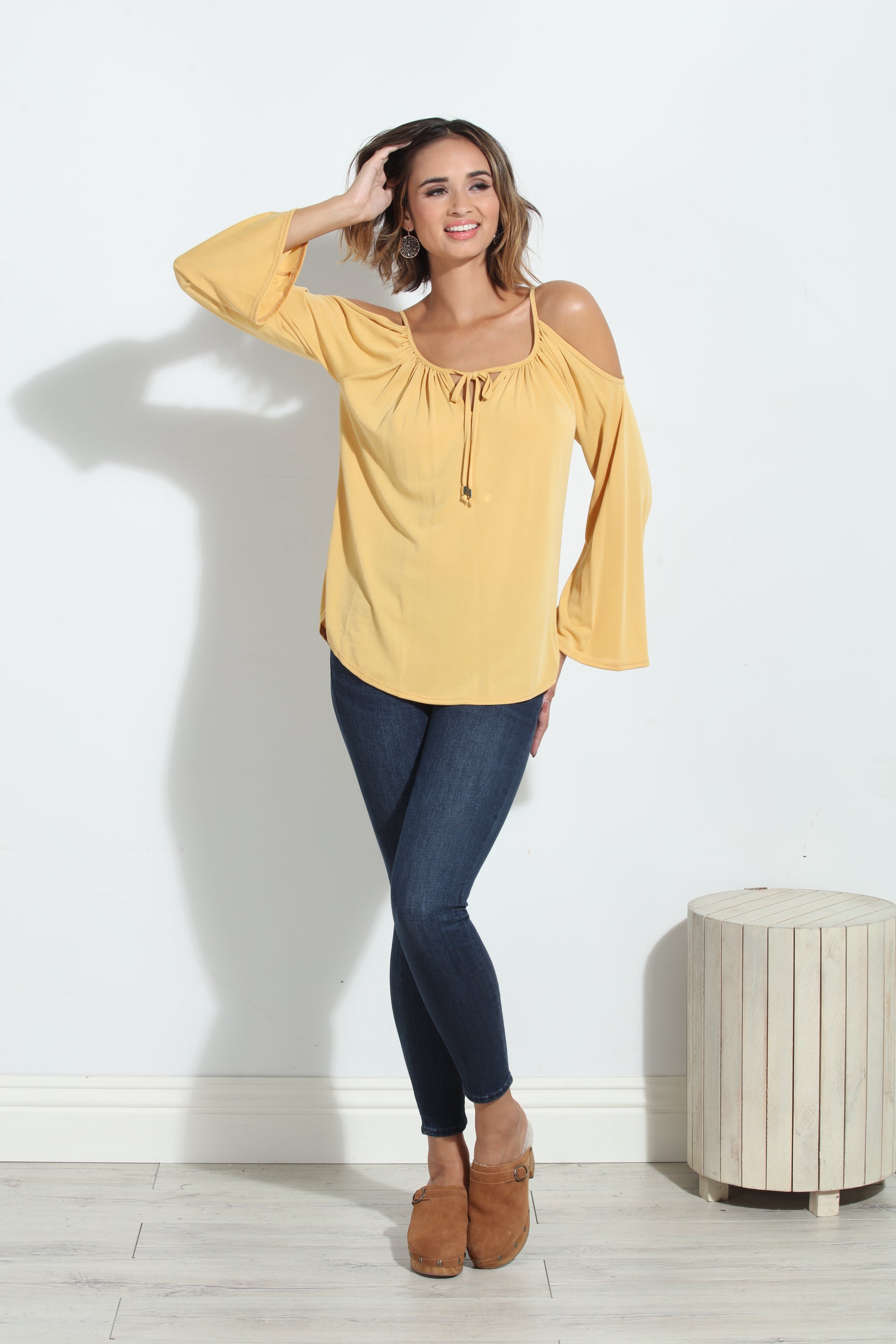 Mustard Cupro Cold Shoulder Top