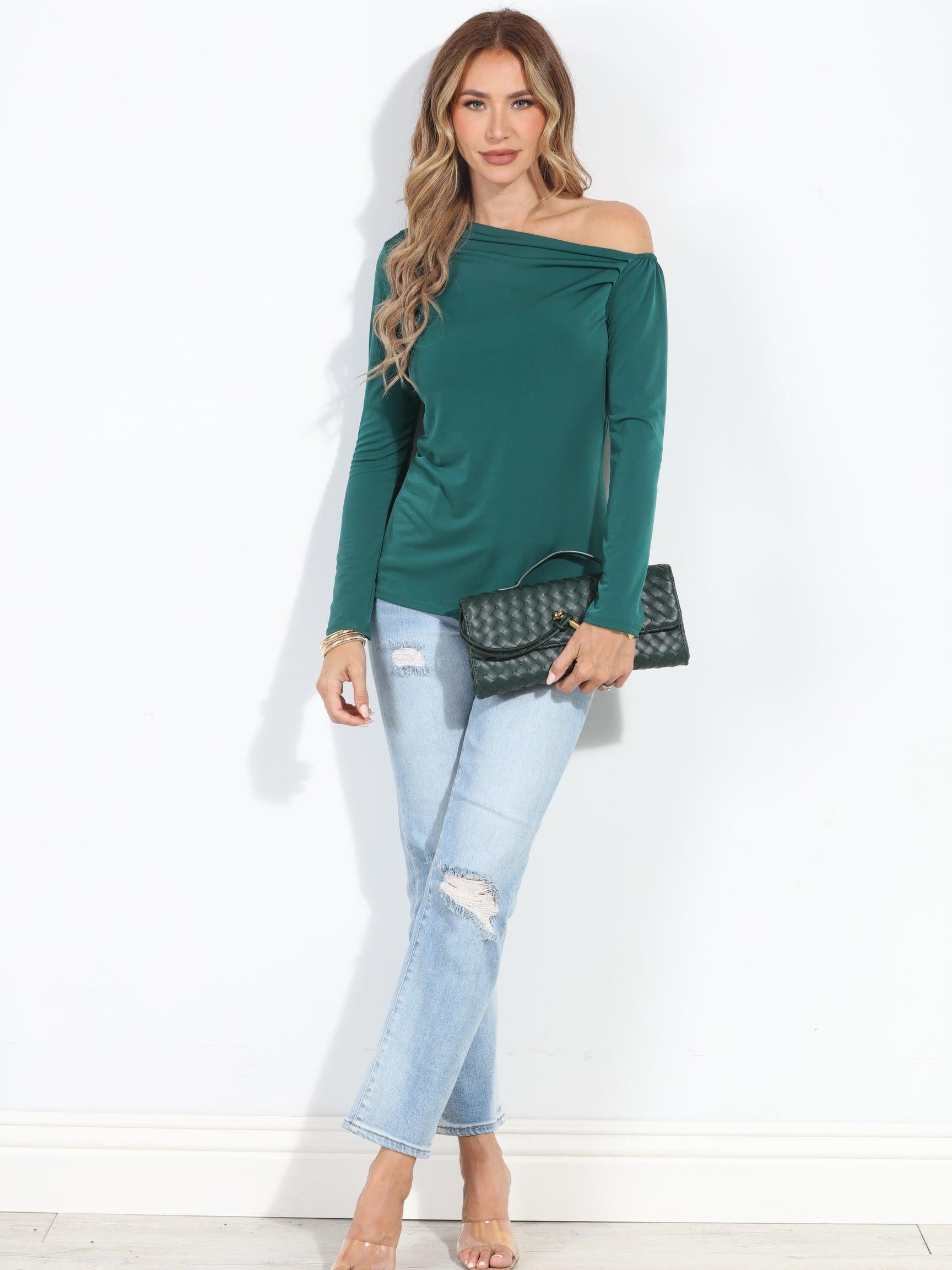 Hunter Green Asymmetrical Long Sleeve Top-BEST SELLER
