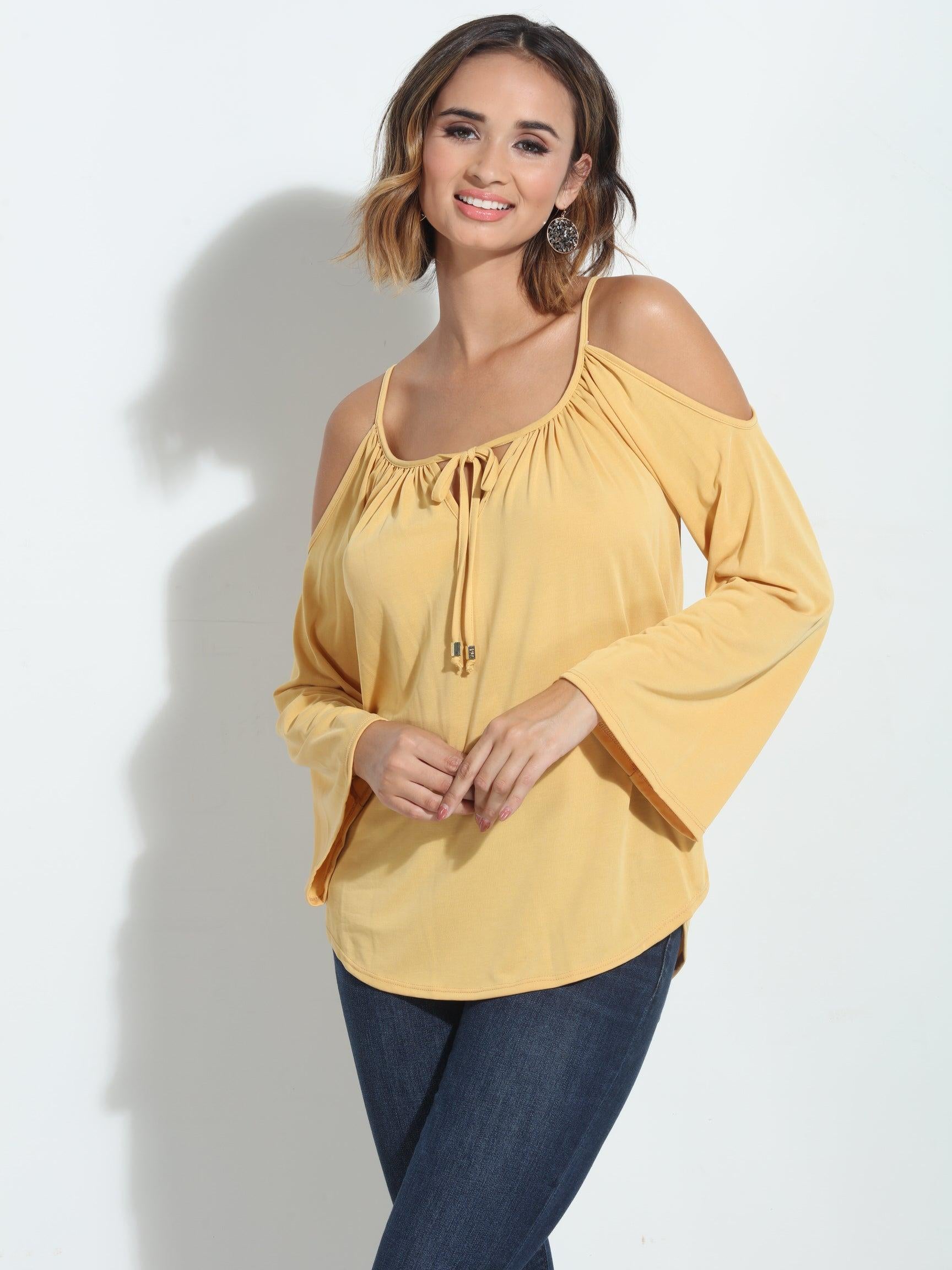 Mustard Cupro Cold Shoulder Top-FINAL SALE