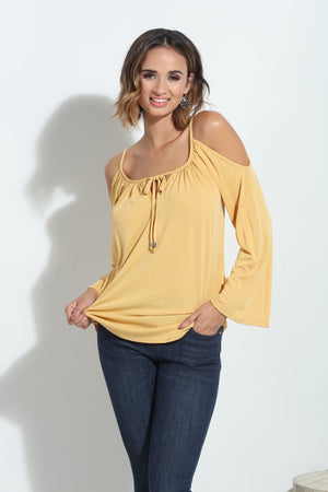 Mustard Cupro Cold Shoulder Top-FINAL SALE