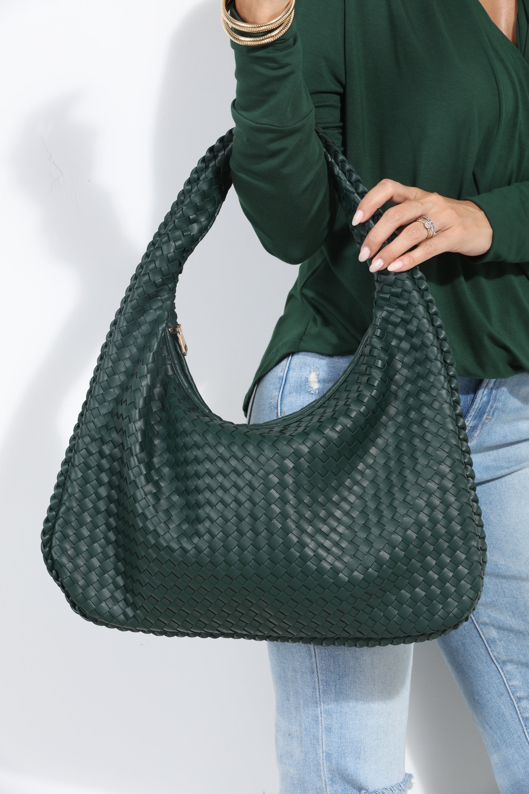 Hunter Green Woven Shoulder Purse-BEST SELLER