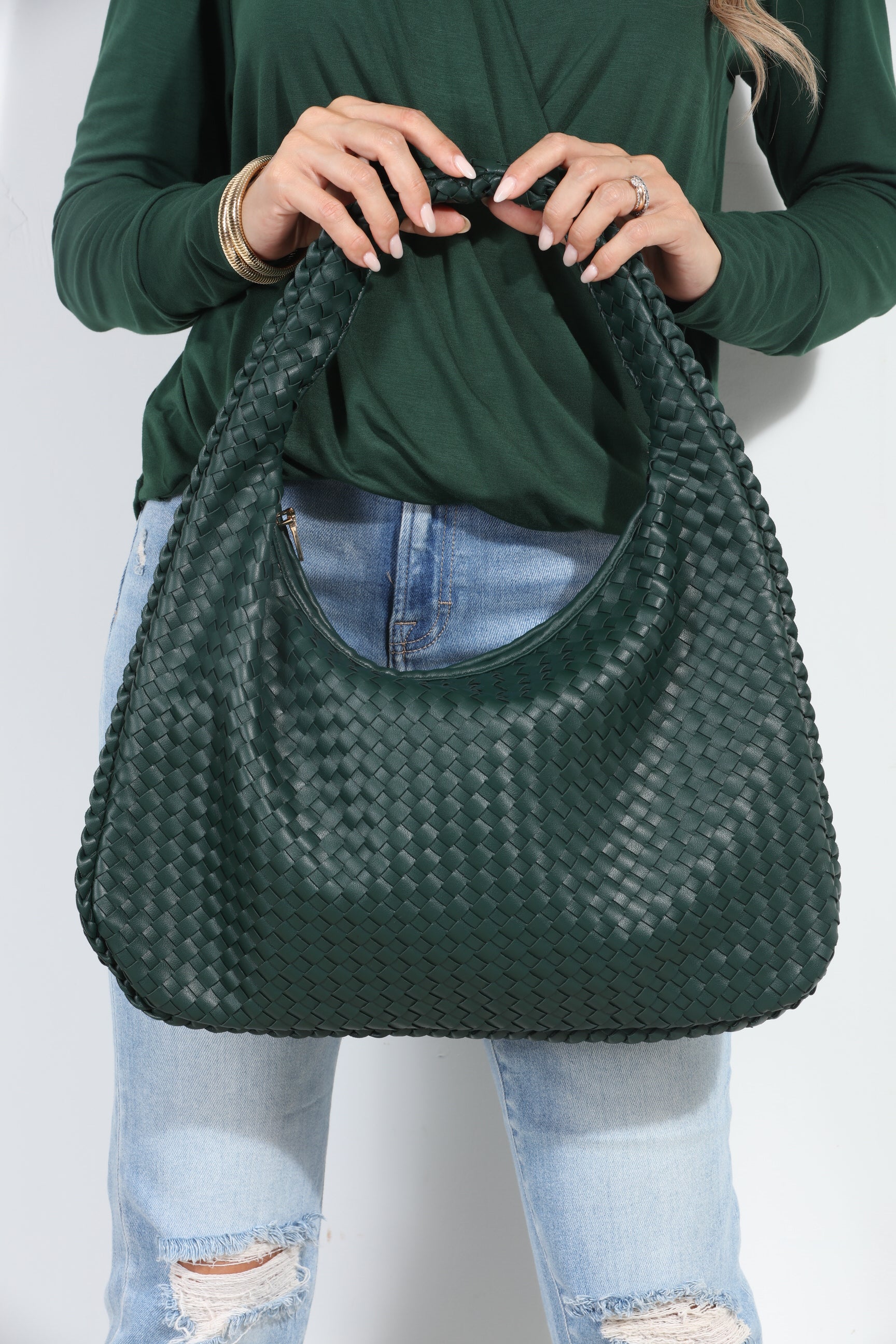 Hunter Green Woven Shoulder Purse-BEST SELLER