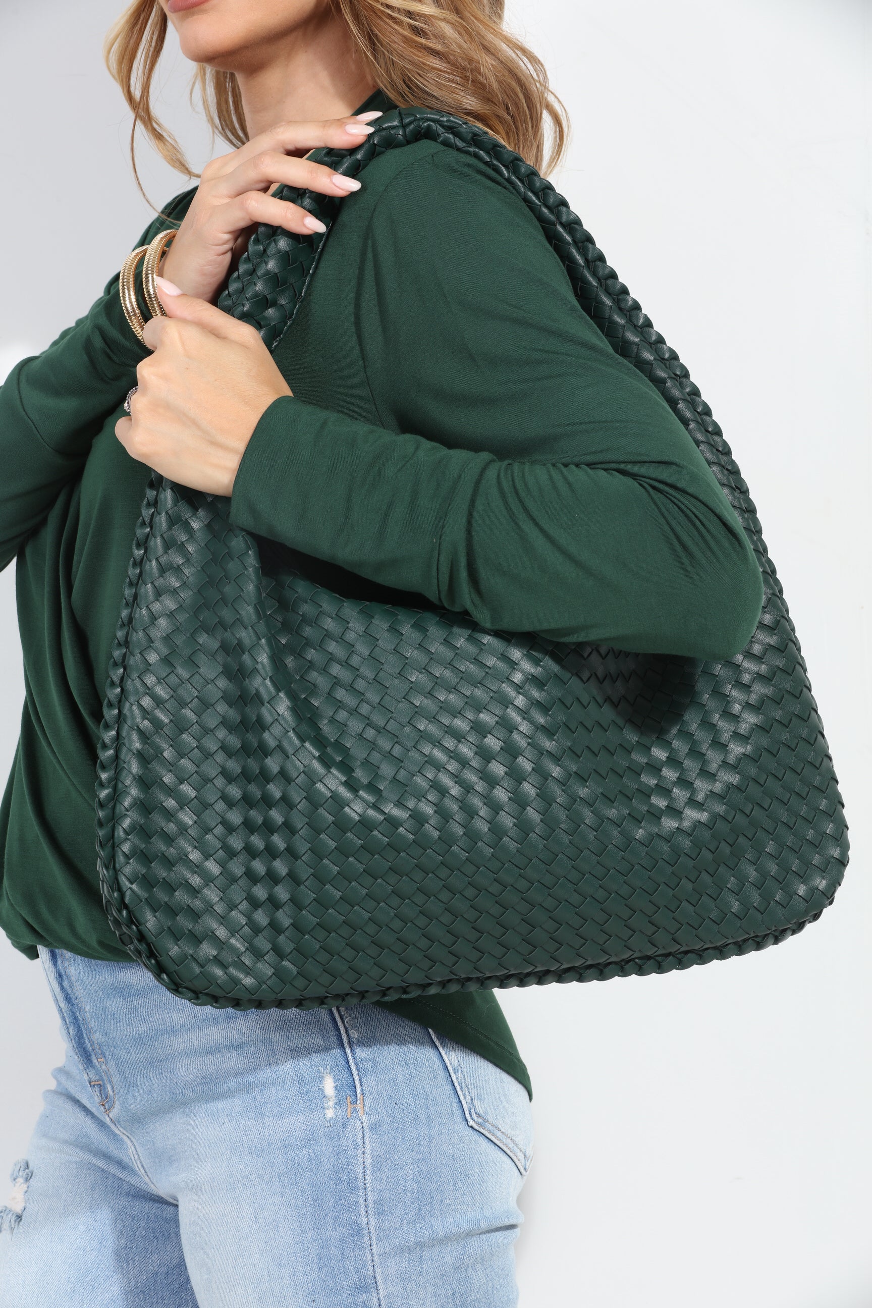 Hunter Green Woven Shoulder Purse-BEST SELLER