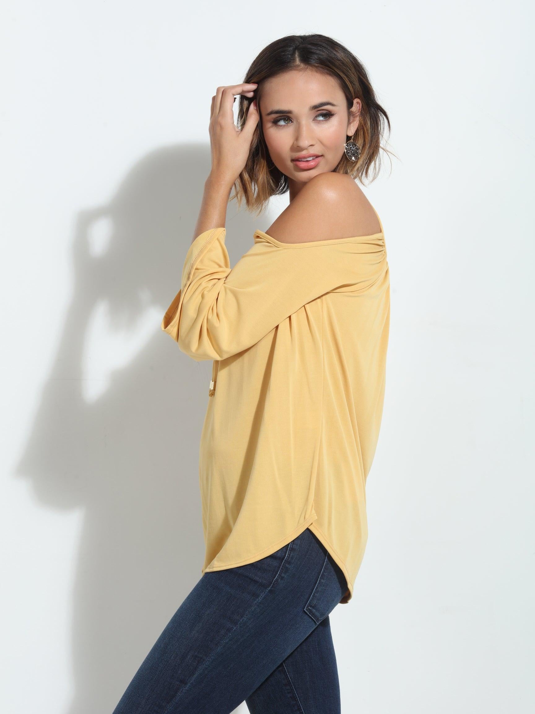 Mustard Cupro Cold Shoulder Top-FINAL SALE