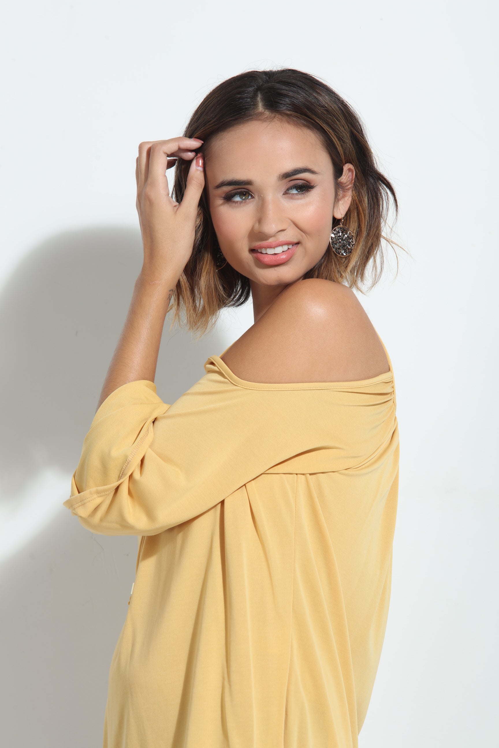 Mustard Cupro Cold Shoulder Top FINAL SALE