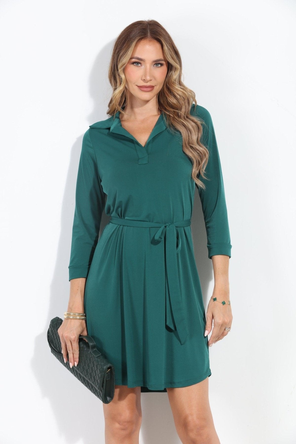 hunter green long sleeve dress V-Neck Maxi With And Slit Lightweight woven chiffon shapes this gorgeous dress that has a V Hunter Green Stretch Shirt Dress