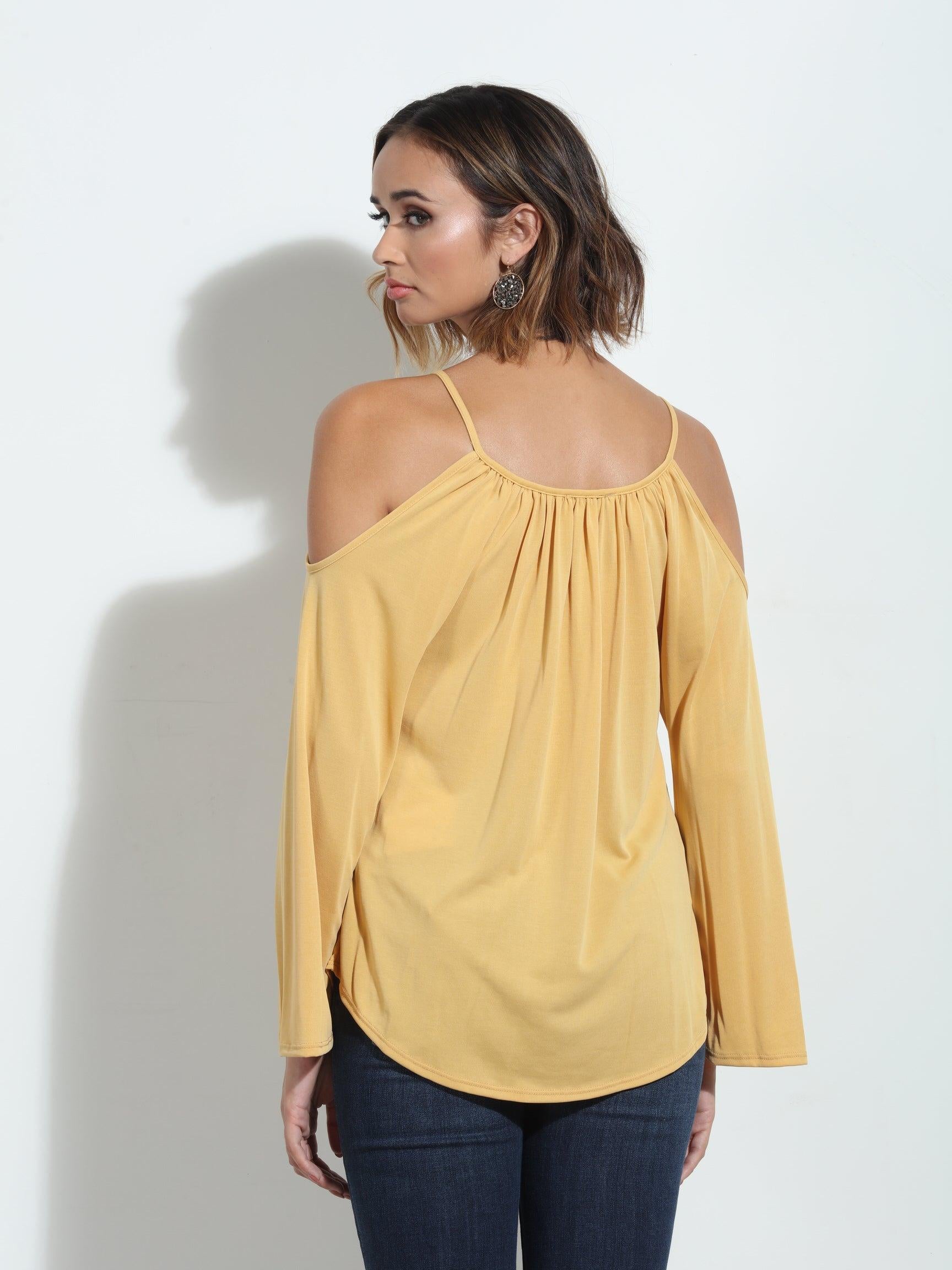 Mustard Cupro Cold Shoulder Top-FINAL SALE