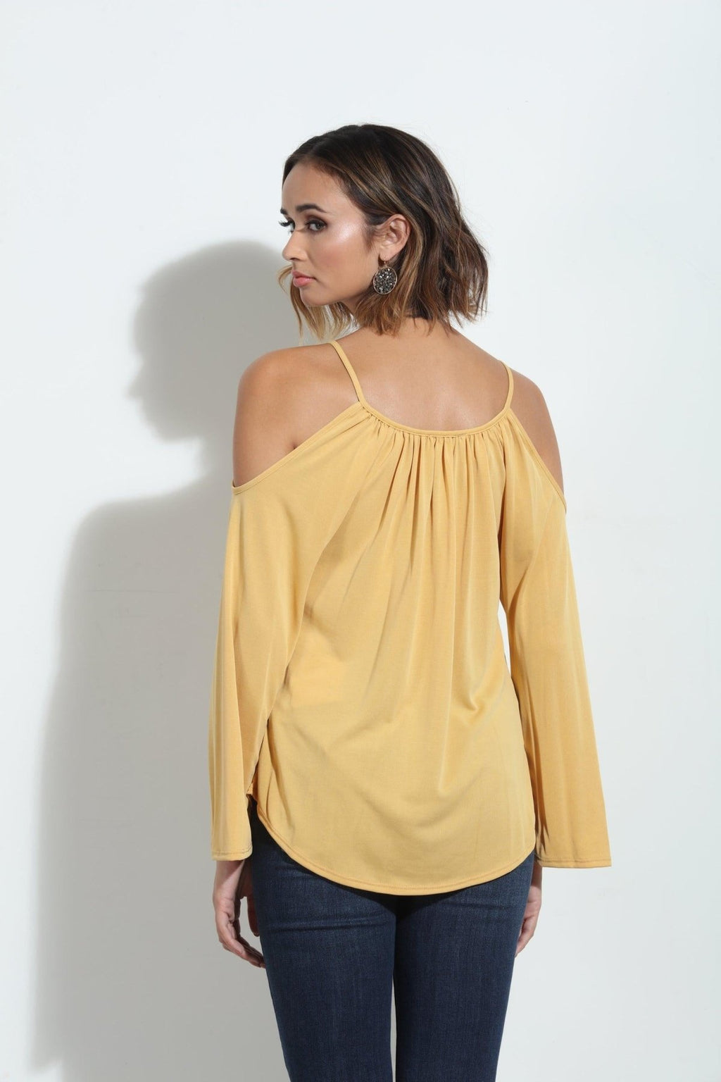 Mustard Cupro Cold Shoulder Top-FINAL SALE