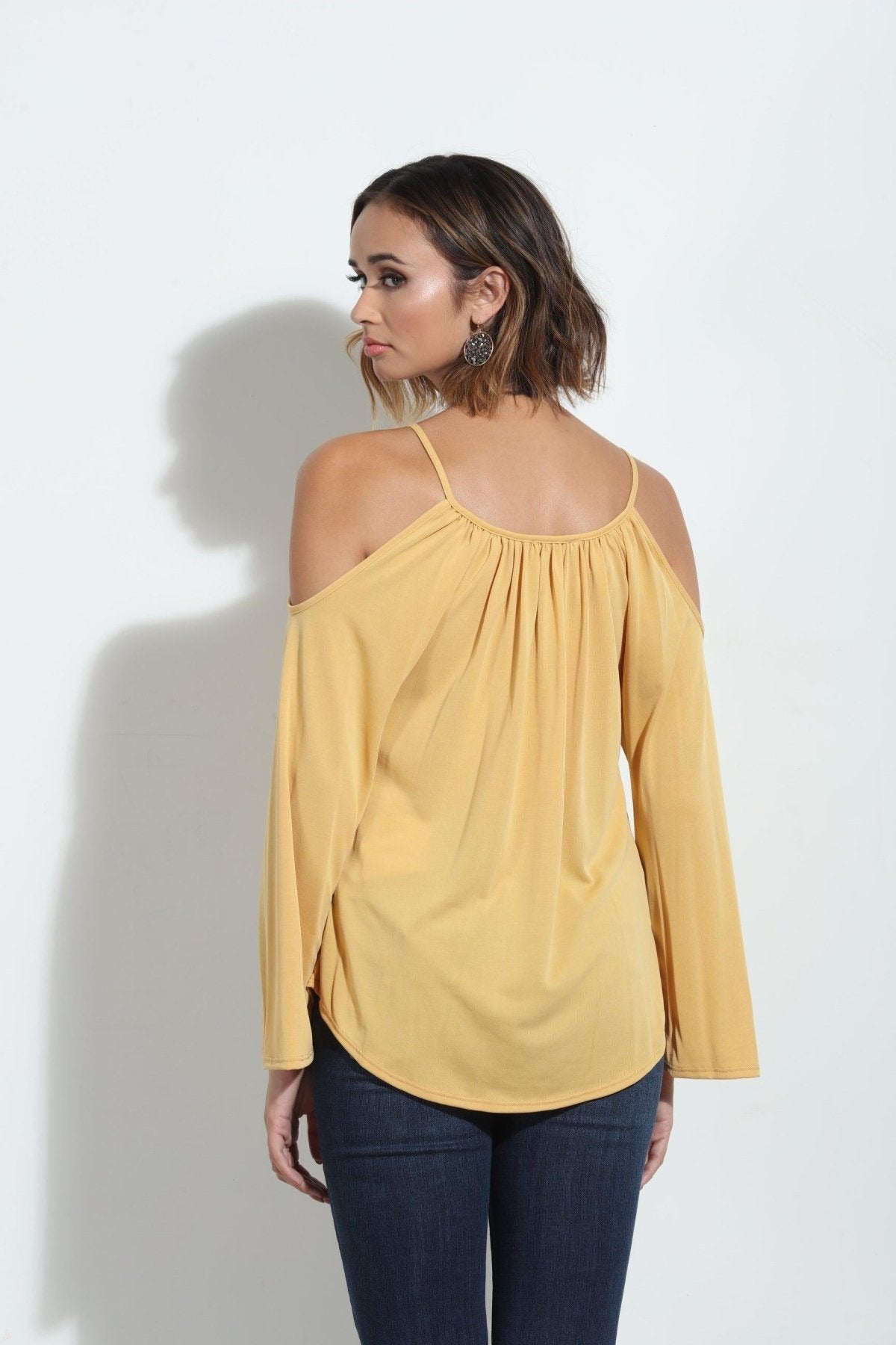 Mustard Cupro Cold Shoulder Top-FINAL SALE