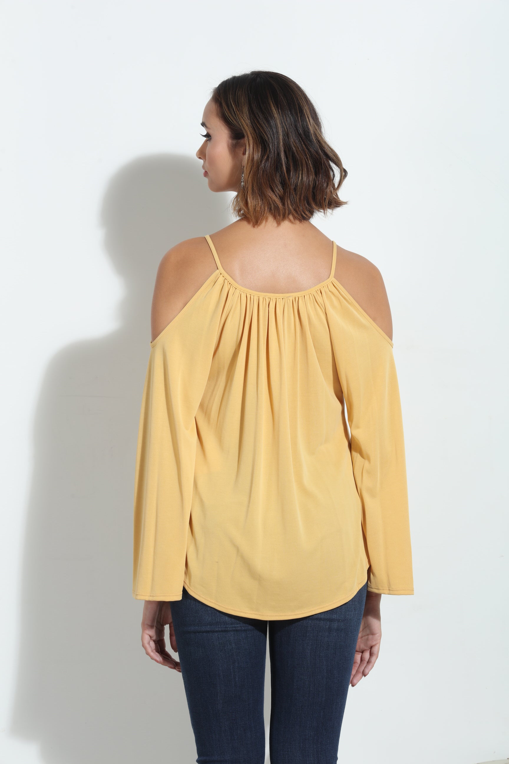 Mustard Cupro Cold Shoulder Top