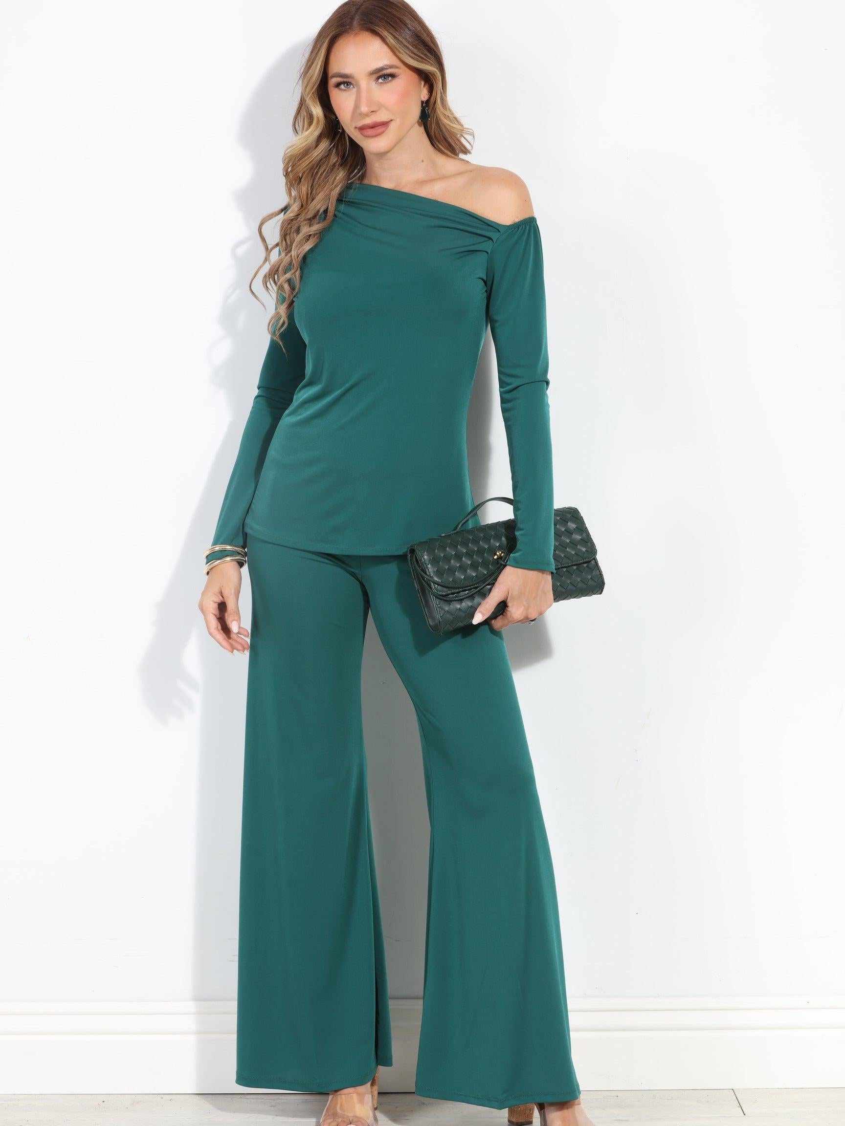 Hunter Green Stretch Wide  Leg Pants-BEST SELLER